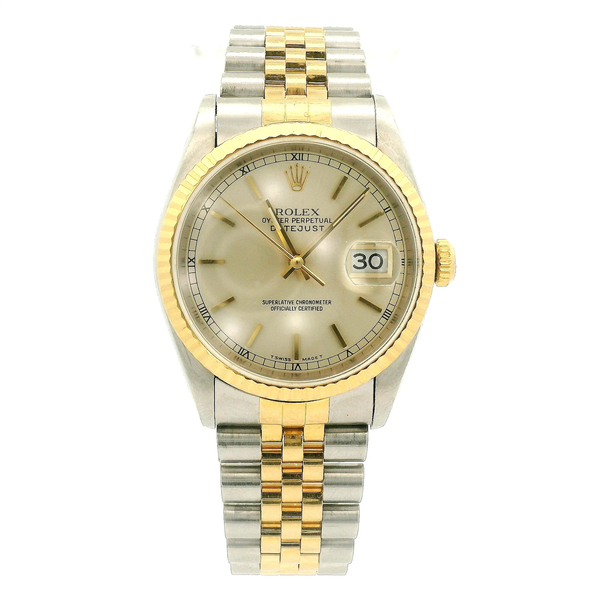 Rolex Datejust wristwatch with a two-tone stainless steel and yellow gold Jubilee bracelet, featuring a patinaed champagne dial and fluted bezel at Forever Rox Fine Jewelry, Lake Tahoes Best Jewelry Store