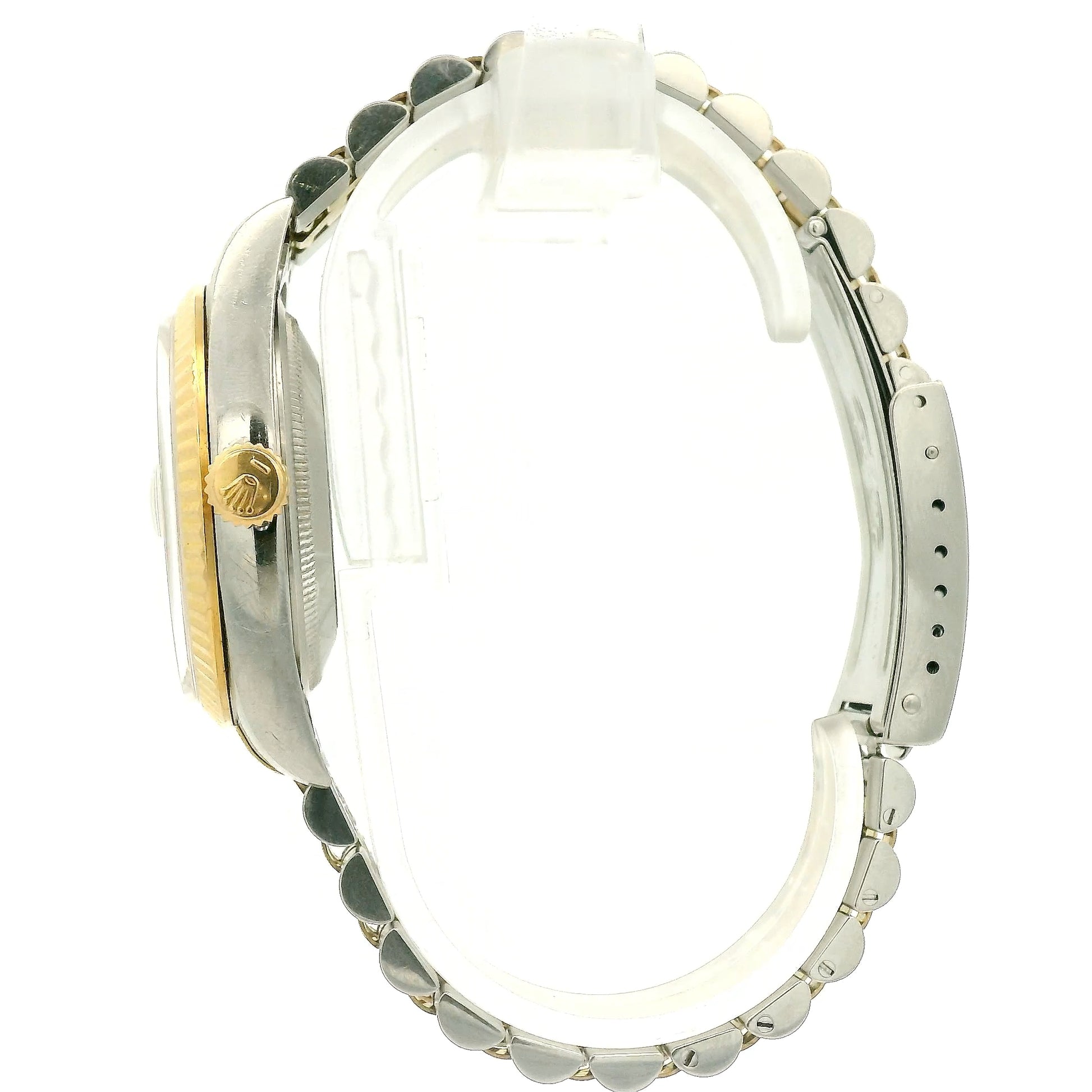 Rolex Datejust wristwatch with a two-tone stainless steel and yellow gold Jubilee bracelet, featuring a patinaed champagne dial and fluted bezel at Forever Rox Fine Jewelry, Lake Tahoes Best Jewelry Store