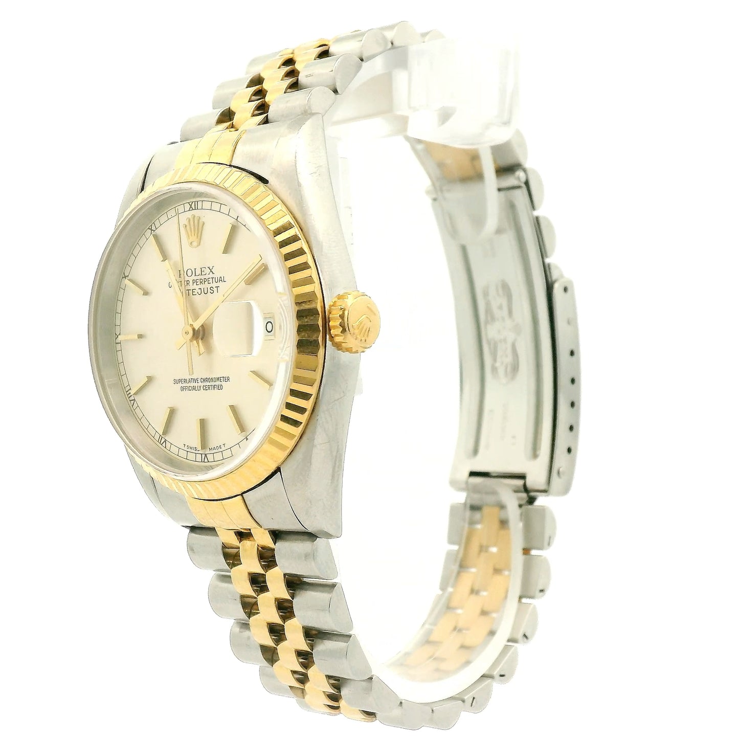 Rolex Datejust wristwatch with a two-tone stainless steel and yellow gold Jubilee bracelet, featuring a patinaed champagne dial and fluted bezel at Forever Rox Fine Jewelry, Lake Tahoes Best Jewelry Store