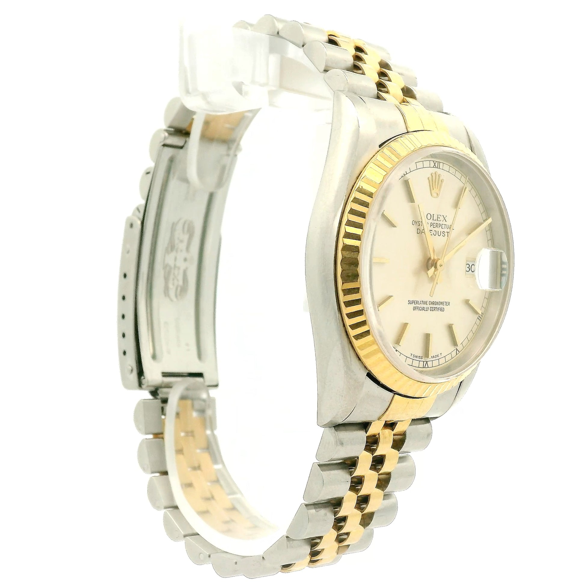 Rolex Datejust wristwatch with a two-tone stainless steel and yellow gold Jubilee bracelet, featuring a patinaed champagne dial and fluted bezel at Forever Rox Fine Jewelry, Lake Tahoes Best Jewelry Store