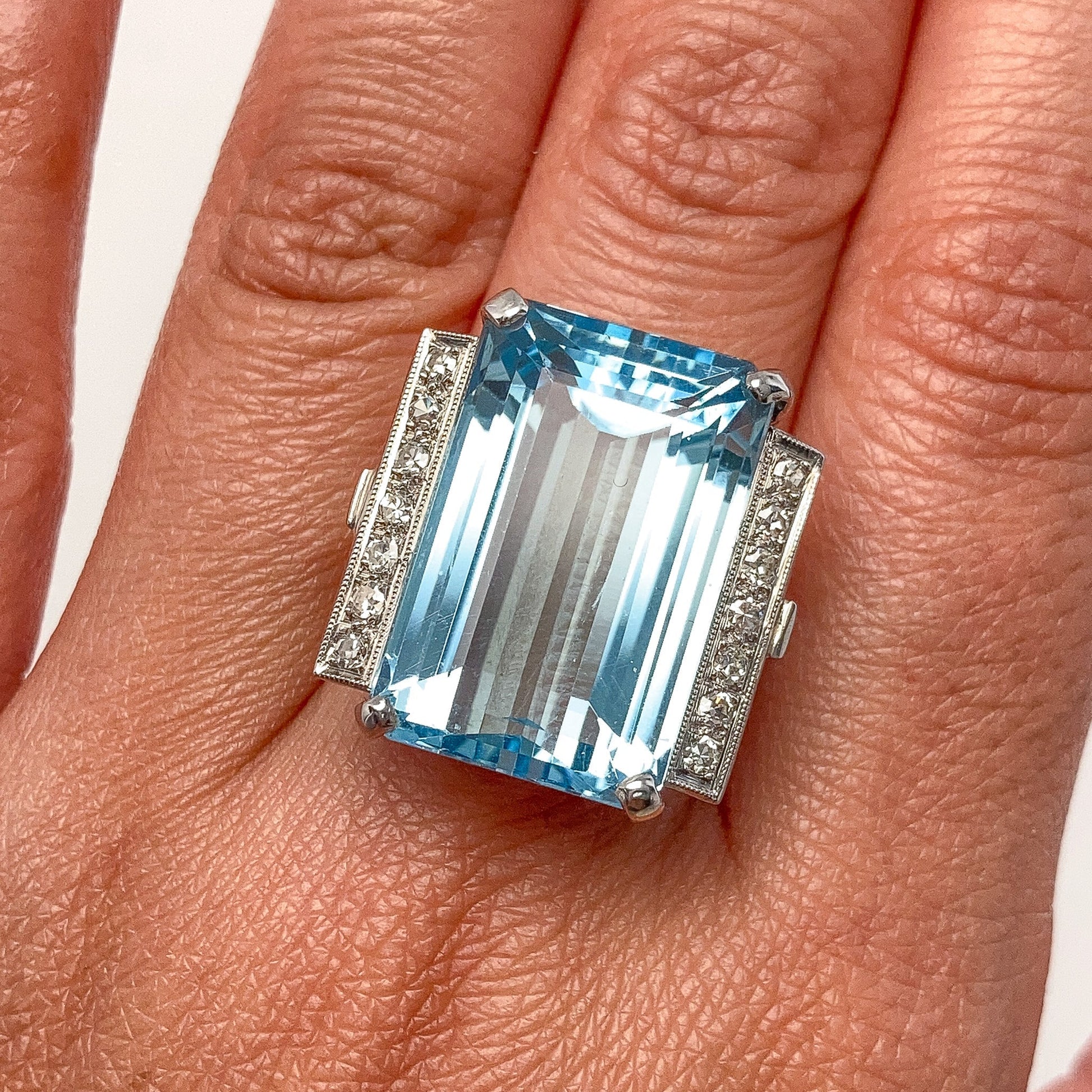 21ct Vintage Aquamarine & Diamond Ring, Platinum - Forever Rox Fine Jewelry