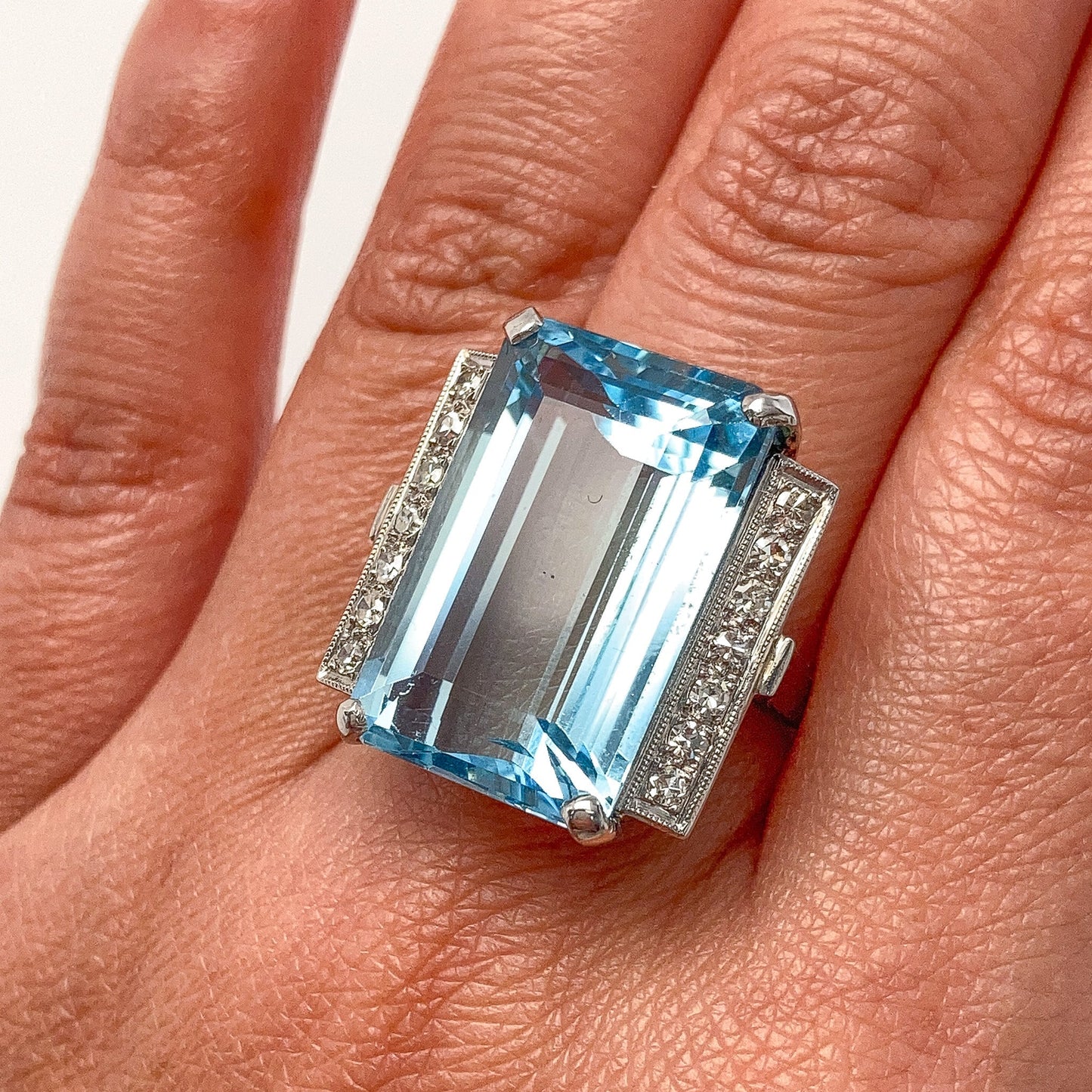 21ct Vintage Aquamarine & Diamond Ring, Platinum - Forever Rox Fine Jewelry