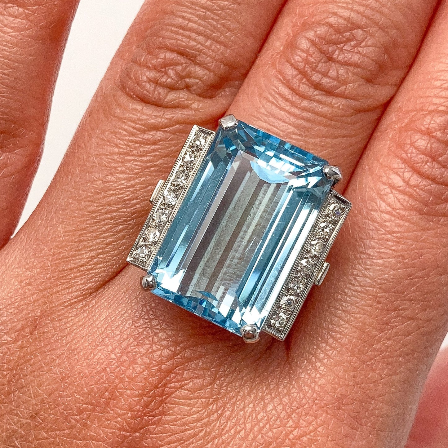 21ct Vintage Aquamarine & Diamond Ring, Platinum - Forever Rox Fine Jewelry