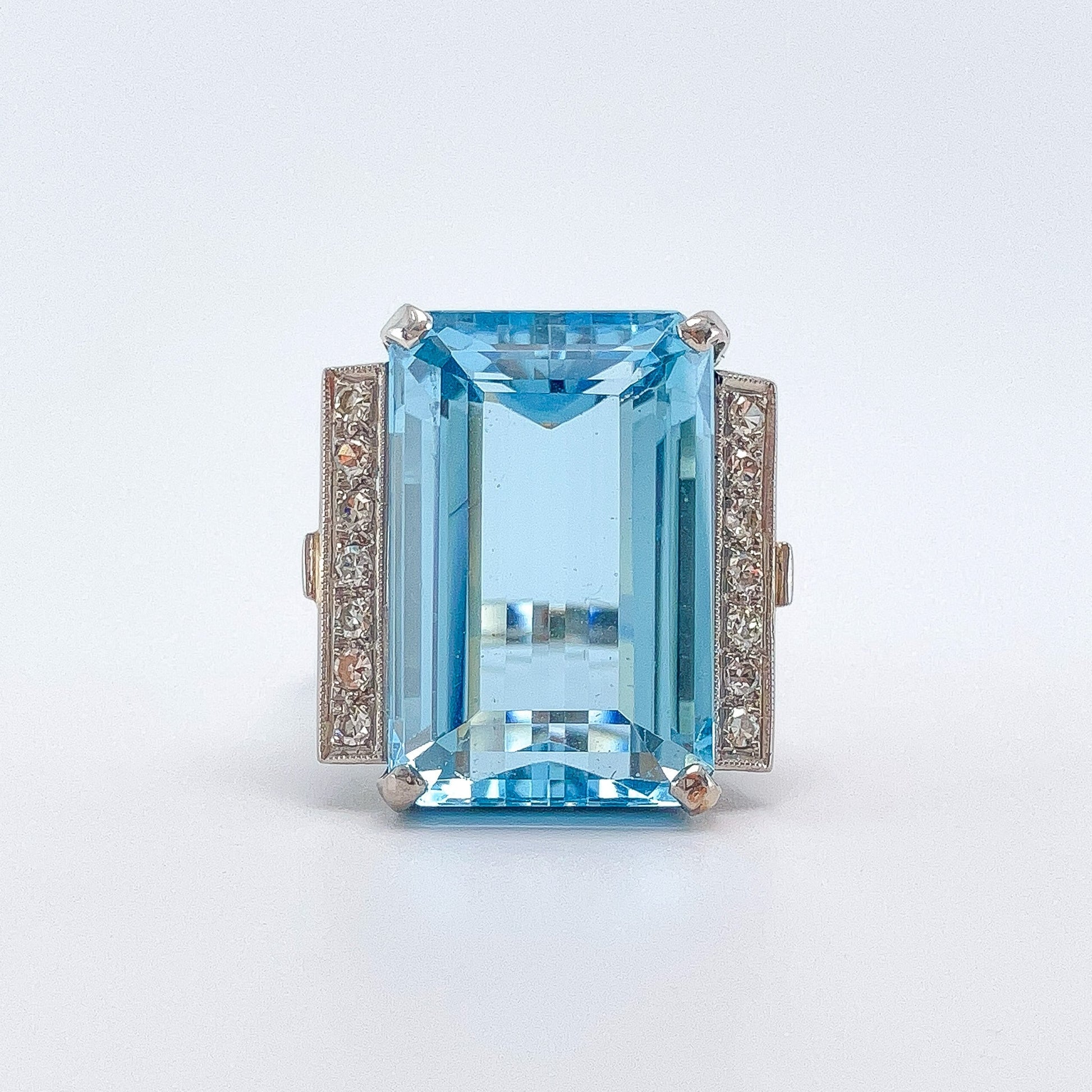 21ct Vintage Aquamarine & Diamond Ring, Platinum - Forever Rox Fine Jewelry