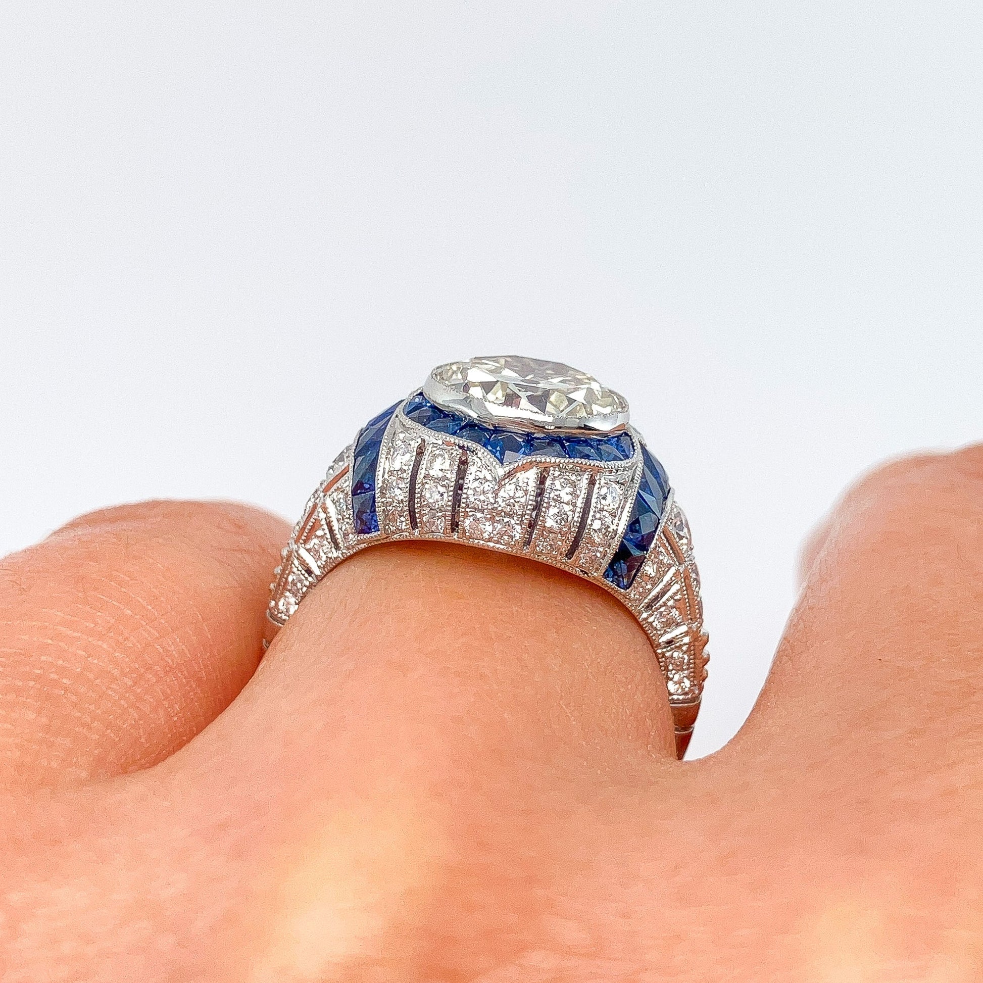2.41ct GIA Certified M/VS1 Diamond & French Cut Sapphire Ring, Platinum - Forever Rox