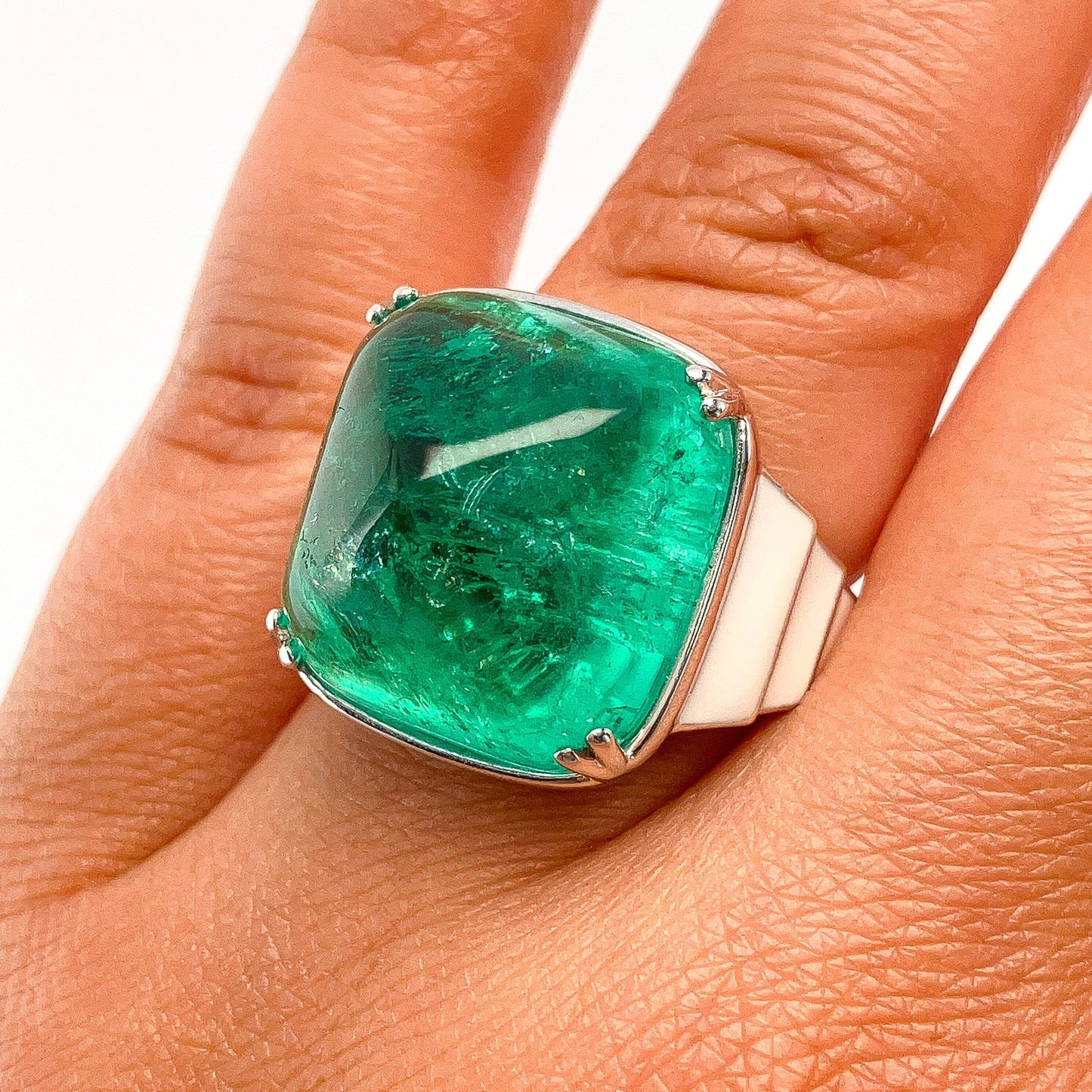 24.92ct GIA Certified Afghanistan Sugarloaf Emerald & Diamond RIng with Enamel, 18k - Forever Rox