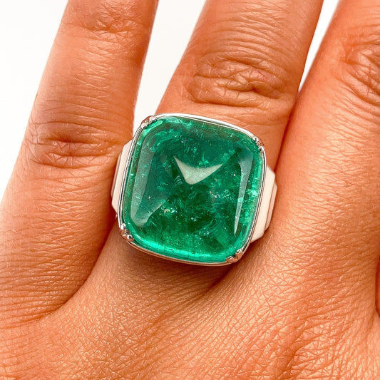 24.92ct GIA Certified Afghanistan Sugarloaf Emerald & Diamond RIng with Enamel, 18k - Forever Rox