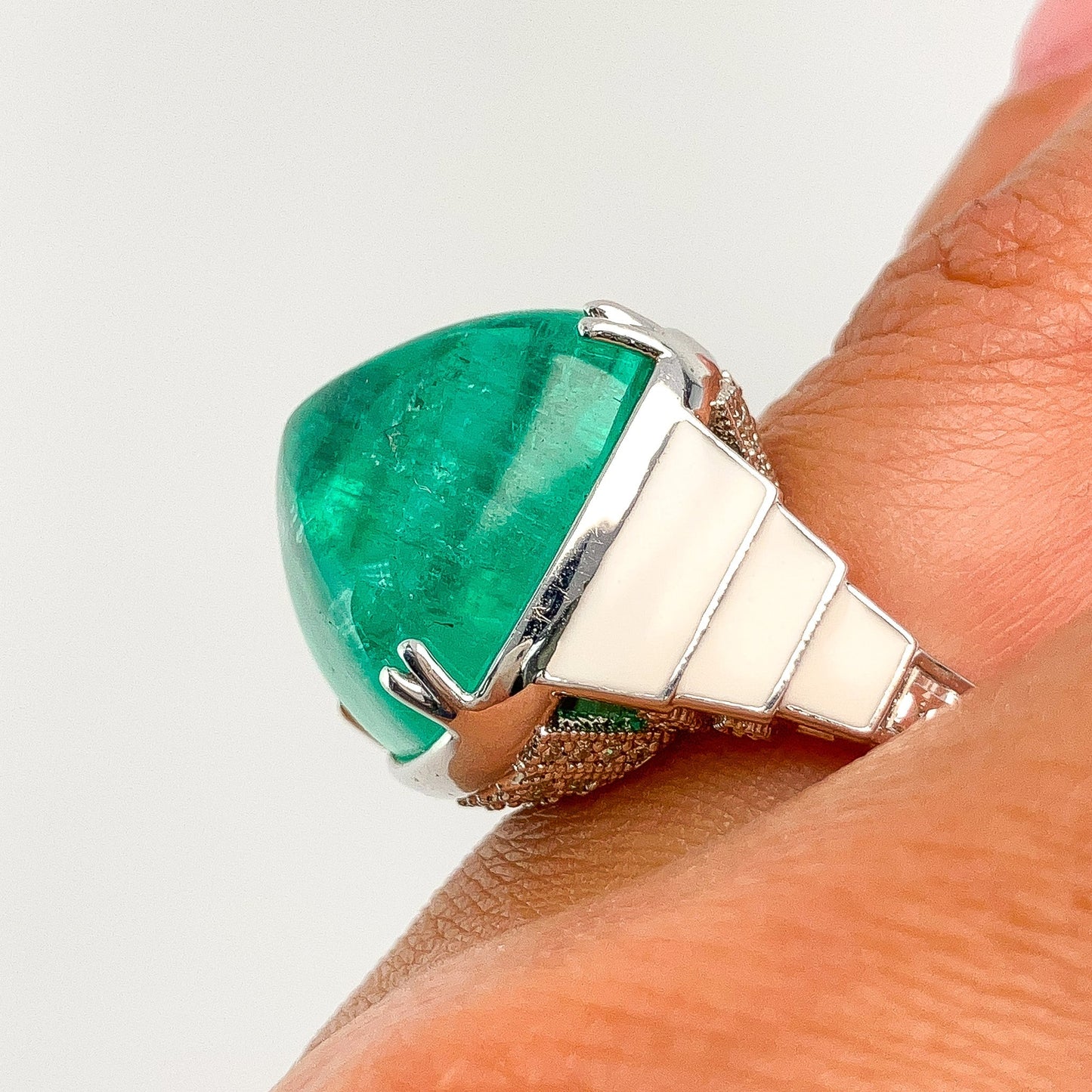 24.92ct GIA Certified Afghanistan Sugarloaf Emerald & Diamond RIng with Enamel, 18k - Forever Rox