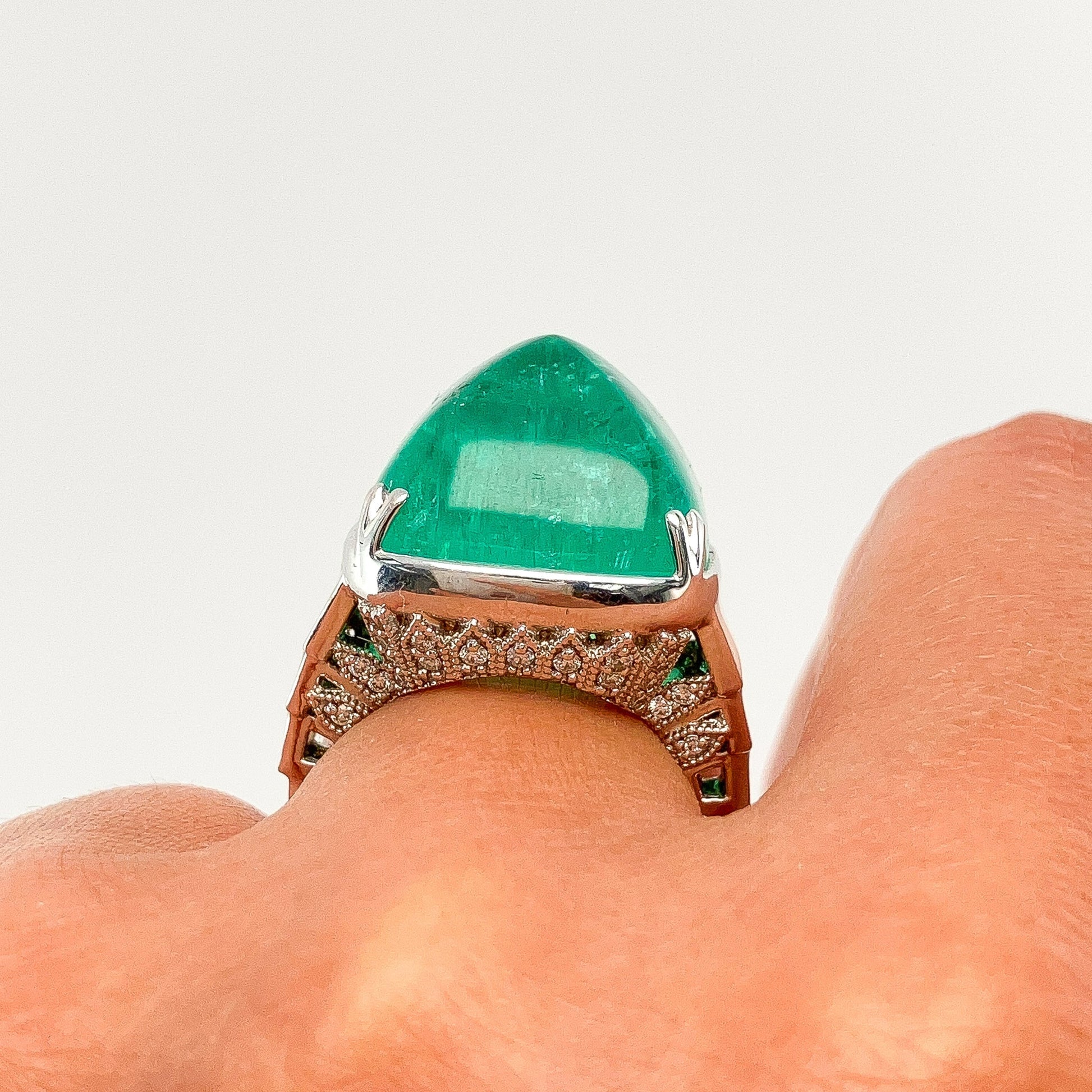 24.92ct GIA Certified Afghanistan Sugarloaf Emerald & Diamond RIng with Enamel, 18k - Forever Rox