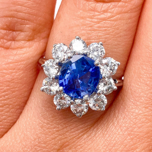 2.50ct GIA No Heat Sapphire & Diamond Cluster Ring, 18k - Forever Rox Fine Jewelry
