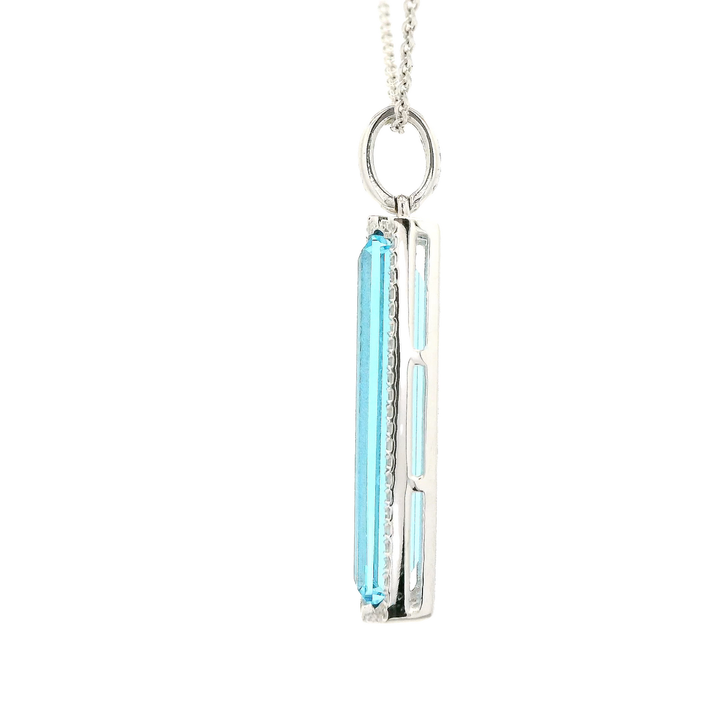 Enlongated Emerald Cut Swiss Blue Topaz & Diamond Pendant