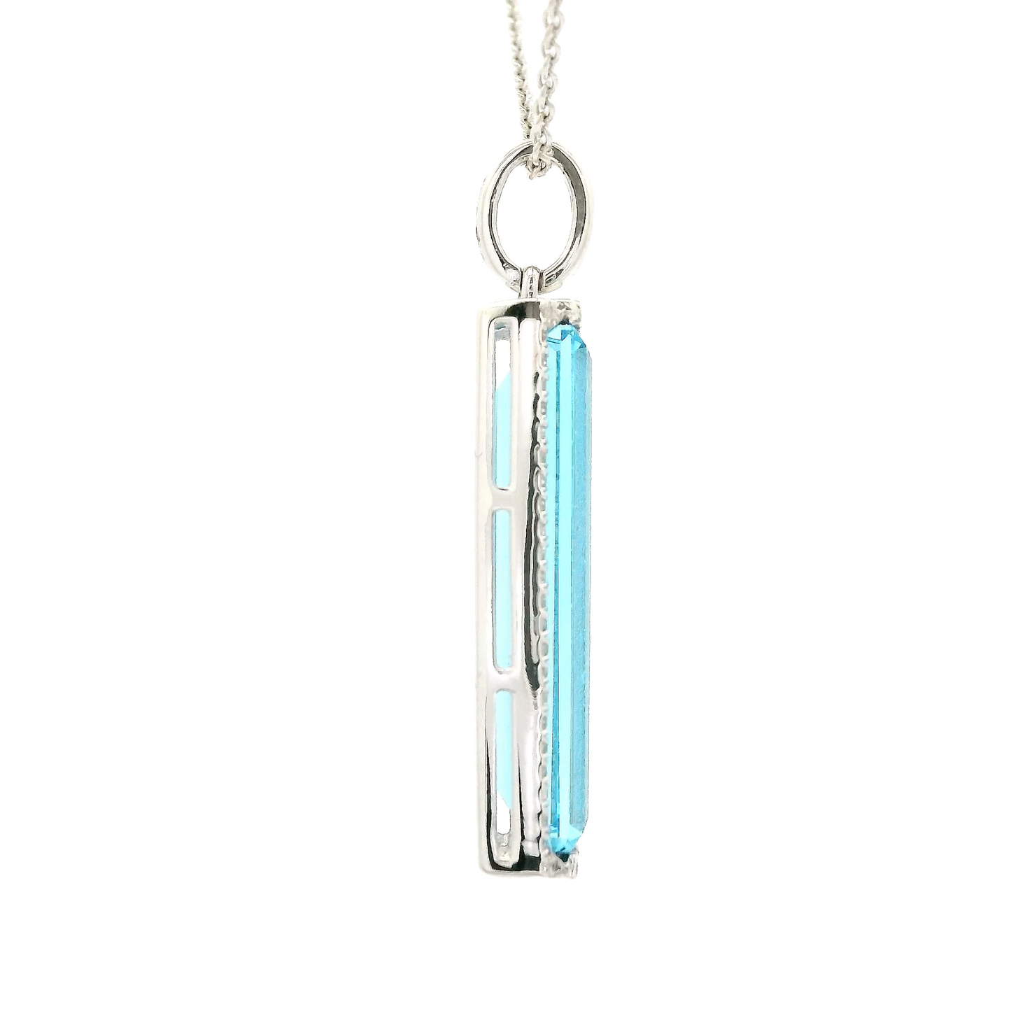 Enlongated Emerald Cut Swiss Blue Topaz & Diamond Pendant