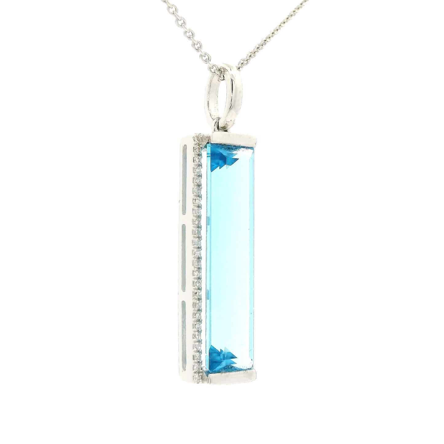 Enlongated Emerald Cut Swiss Blue Topaz & Diamond Pendant