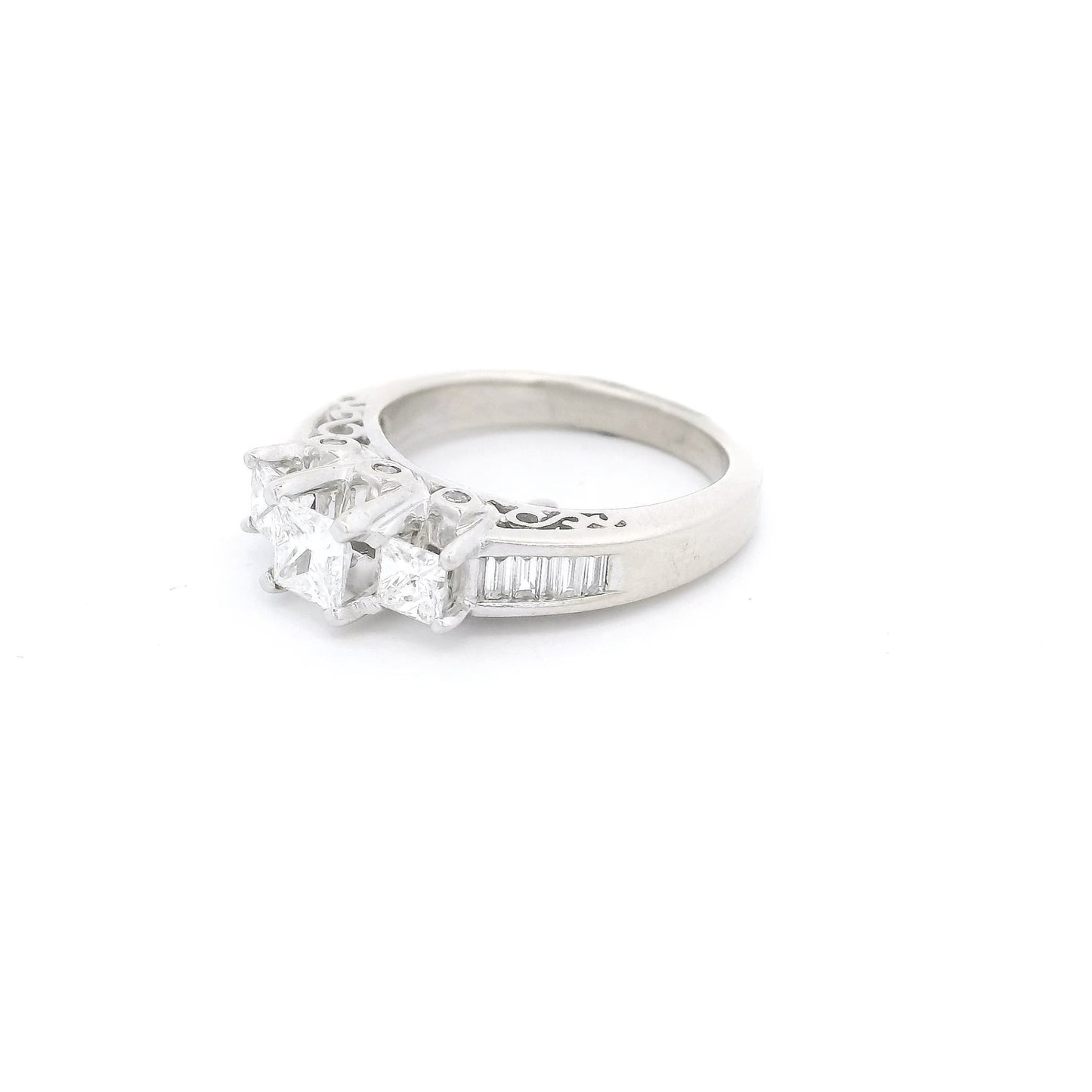 3 Princess Cut Diamonds Bridal Ring With Baguettes Down the Shank - Forever Rox Fine Jewelry
