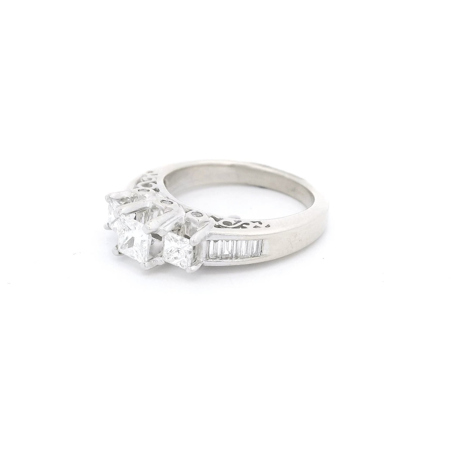 3 Princess Cut Diamonds Bridal Ring With Baguettes Down the Shank - Forever Rox Fine Jewelry