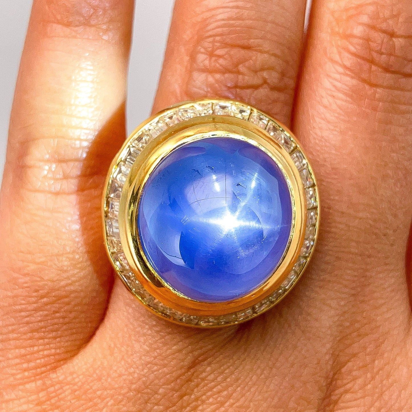 35ct Star Sapphire & Diamond Baguette Cocktail Ring, 18k - Forever Rox