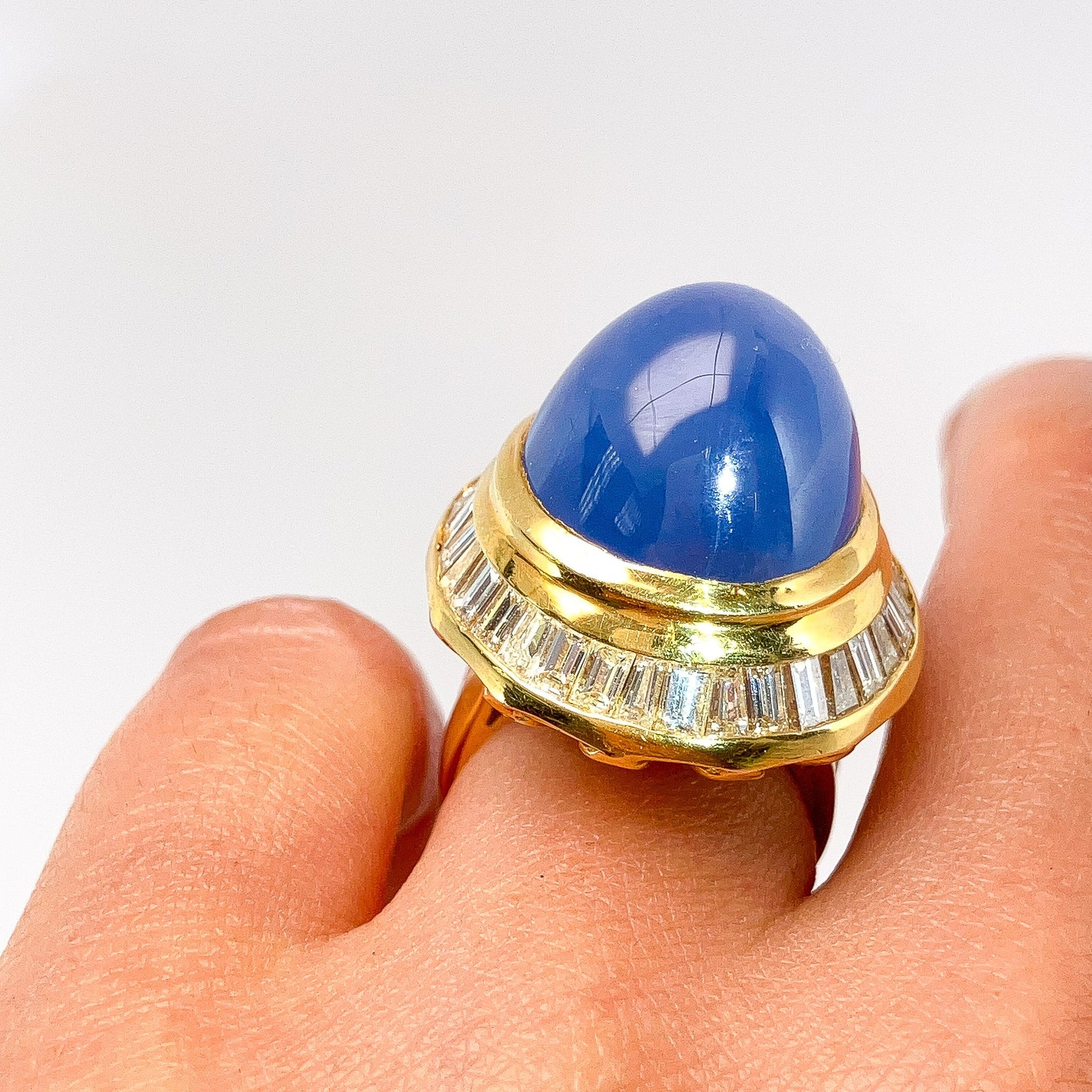 35ct Star Sapphire & Diamond Baguette Cocktail Ring, 18k - Forever Rox