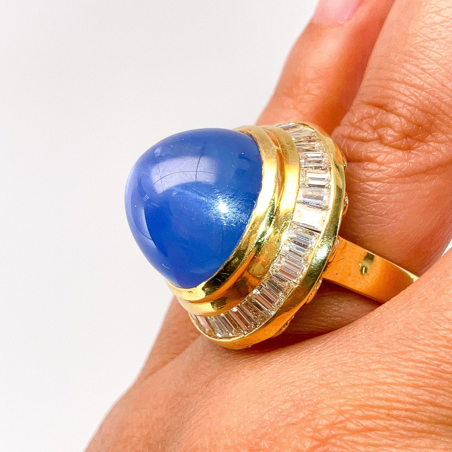 35ct Star Sapphire & Diamond Baguette Cocktail Ring, 18k - Forever Rox