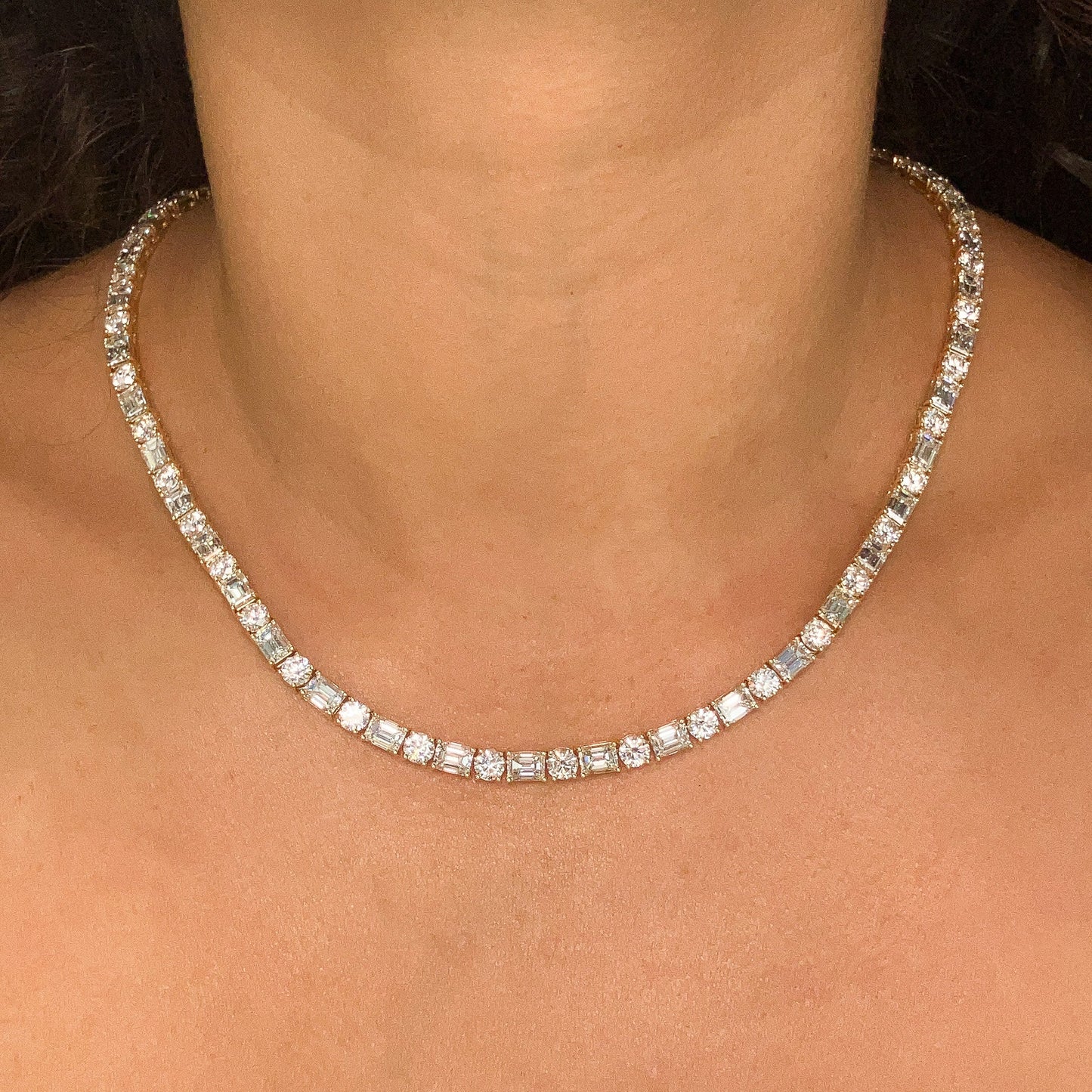 36.49cts Round & Emerald Cut Diamond Tennis Necklace, 18k º - Forever Rox