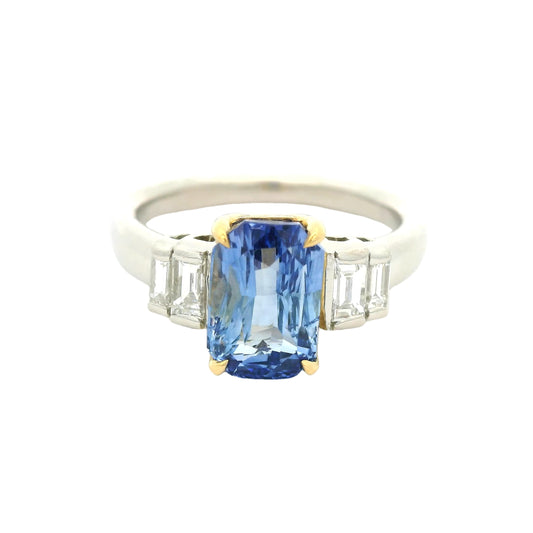 No Heat Ceylon Sapphire & Baguette Diamond Ring