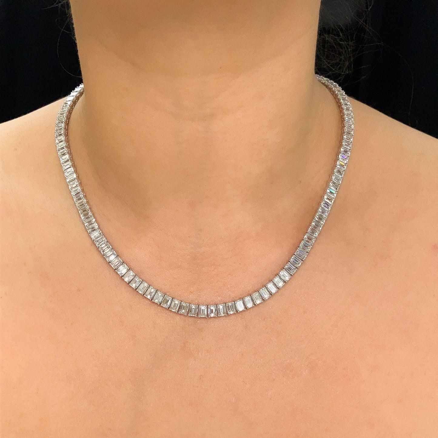 A White Gold Diamond Tennis Necklace with 122 Emerald Cut Diamonds at Forever Rox Fine Jewelry, Lake Tahoes Best Jewelry Store