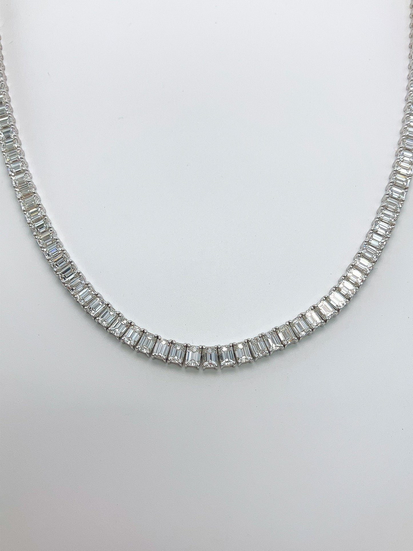 A White Gold Diamond Tennis Necklace with 122 Emerald Cut Diamonds at Forever Rox Fine Jewelry, Lake Tahoes Best Jewelry Store