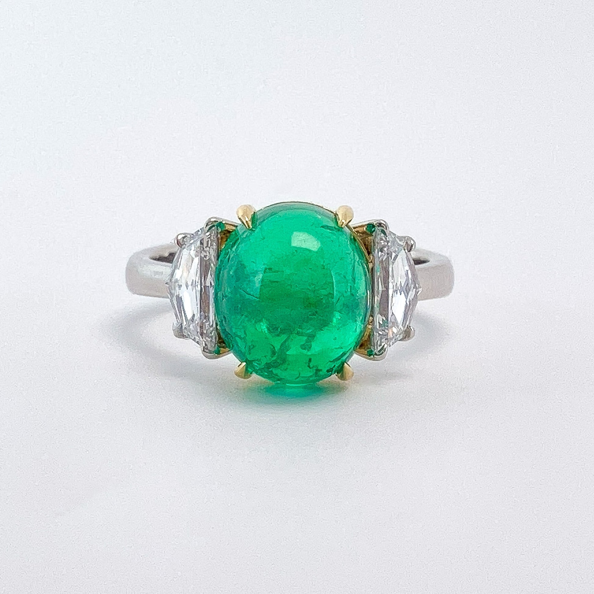 3.92ct AGL Certified Colombia No Oil Emerald Cabochon & Fancy Cut GIA Certified Diamond Three - Stone Ring, Platinum & 18k - Forever Rox