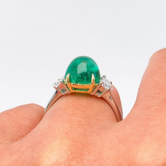 3.92ct AGL Certified Colombia No Oil Emerald Cabochon & Fancy Cut GIA Certified Diamond Three - Stone Ring, Platinum & 18k - Forever Rox
