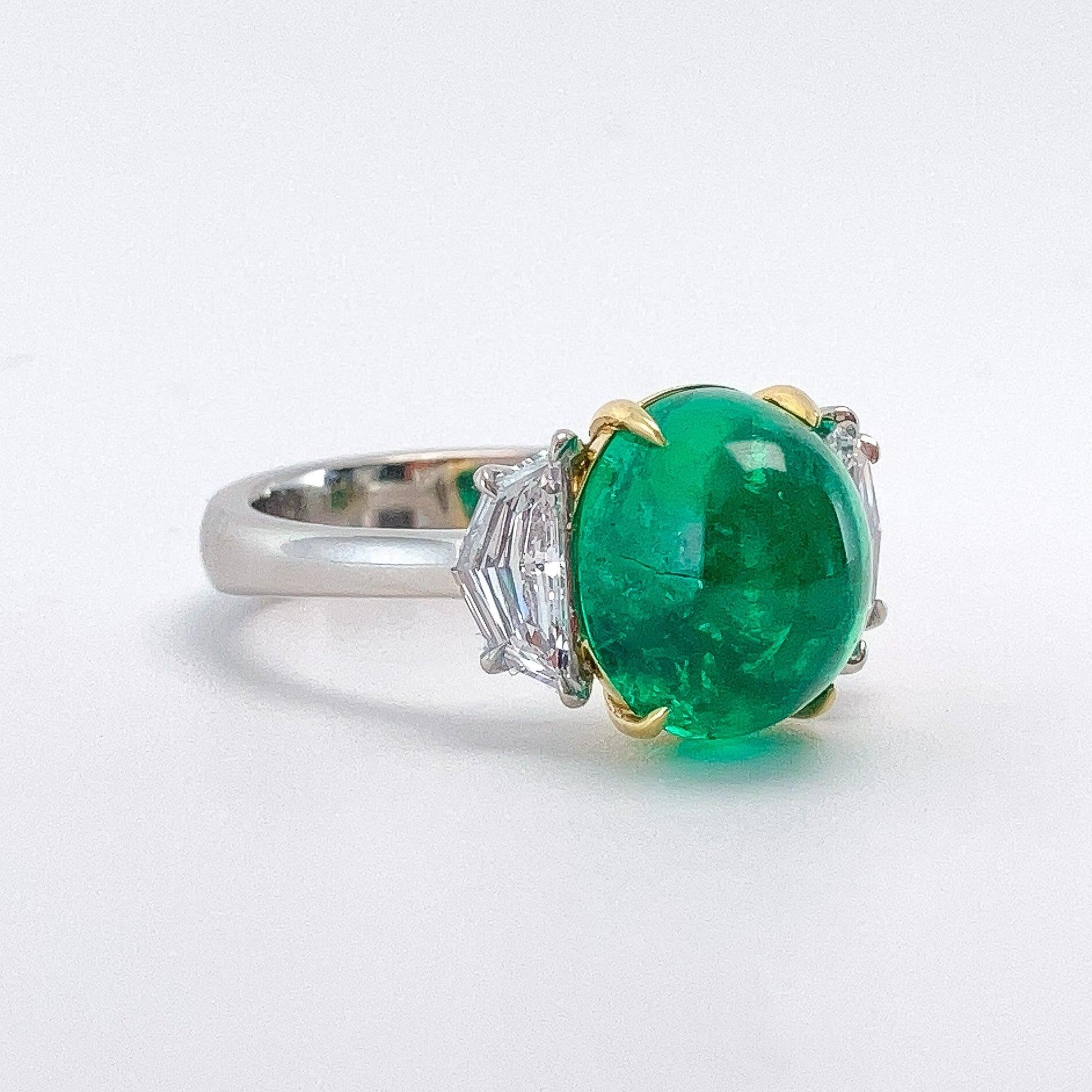 3.92ct AGL Certified Colombia No Oil Emerald Cabochon & Fancy Cut GIA Certified Diamond Three - Stone Ring, Platinum & 18k - Forever Rox