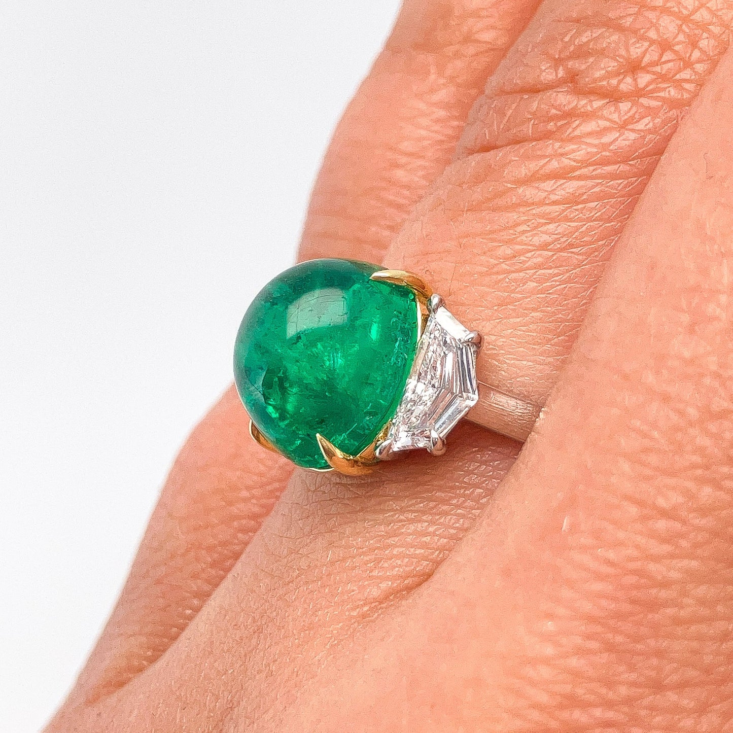 3.92ct AGL Certified Colombia No Oil Emerald Cabochon & Fancy Cut GIA Certified Diamond Three - Stone Ring, Platinum & 18k - Forever Rox