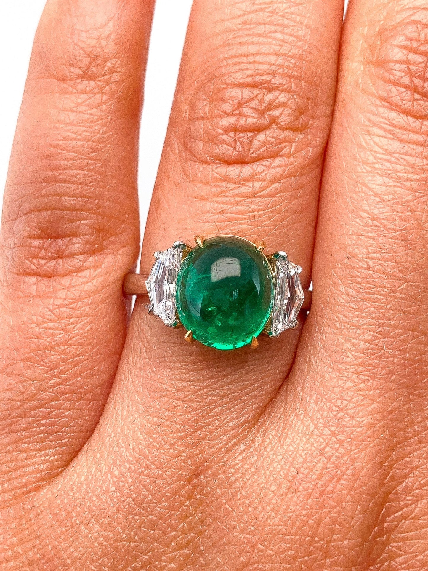 3.92ct AGL Certified Colombia No Oil Emerald Cabochon & Fancy Cut GIA Certified Diamond Three - Stone Ring, Platinum & 18k - Forever Rox