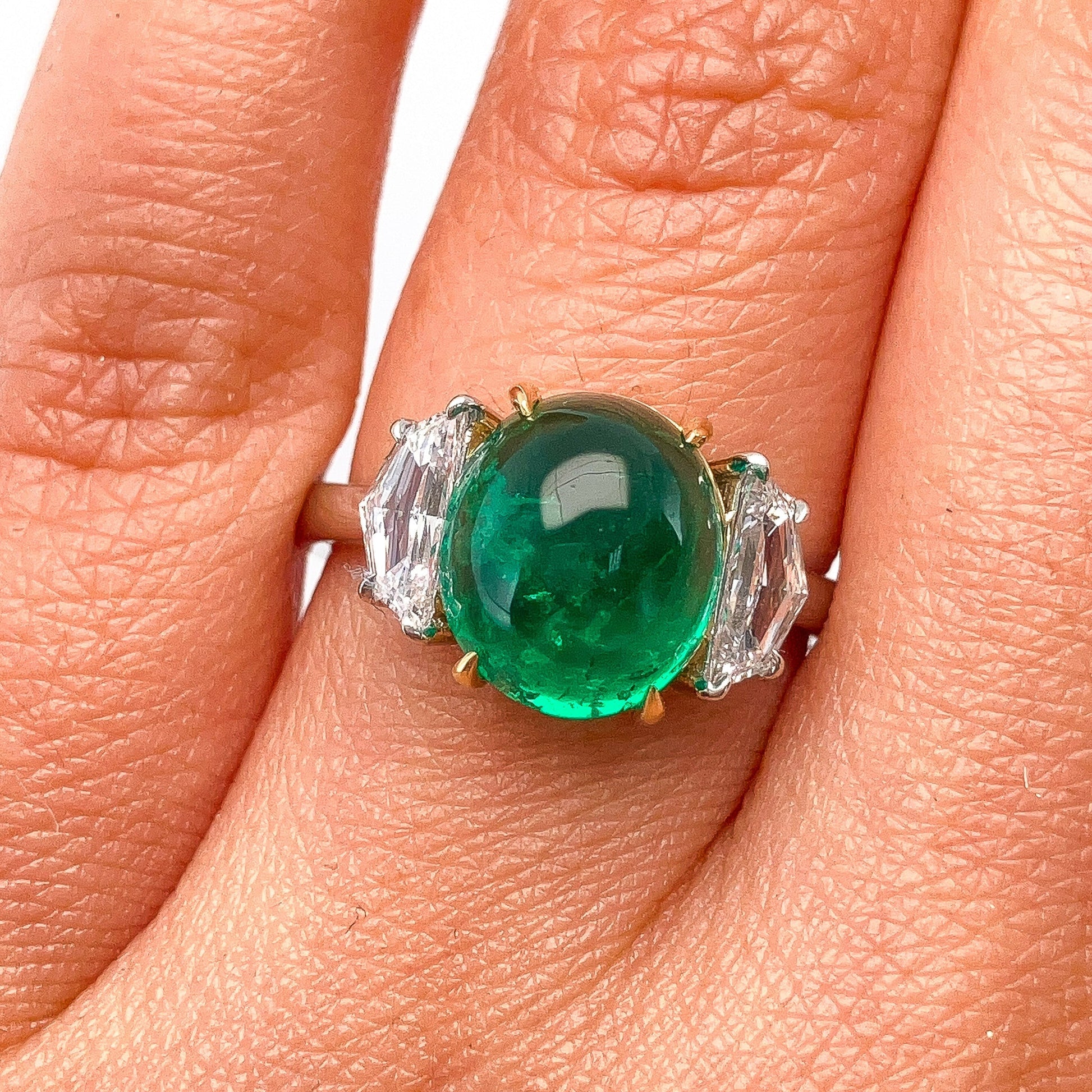 3.92ct AGL Certified Colombia No Oil Emerald Cabochon & Fancy Cut GIA Certified Diamond Three - Stone Ring, Platinum & 18k - Forever Rox