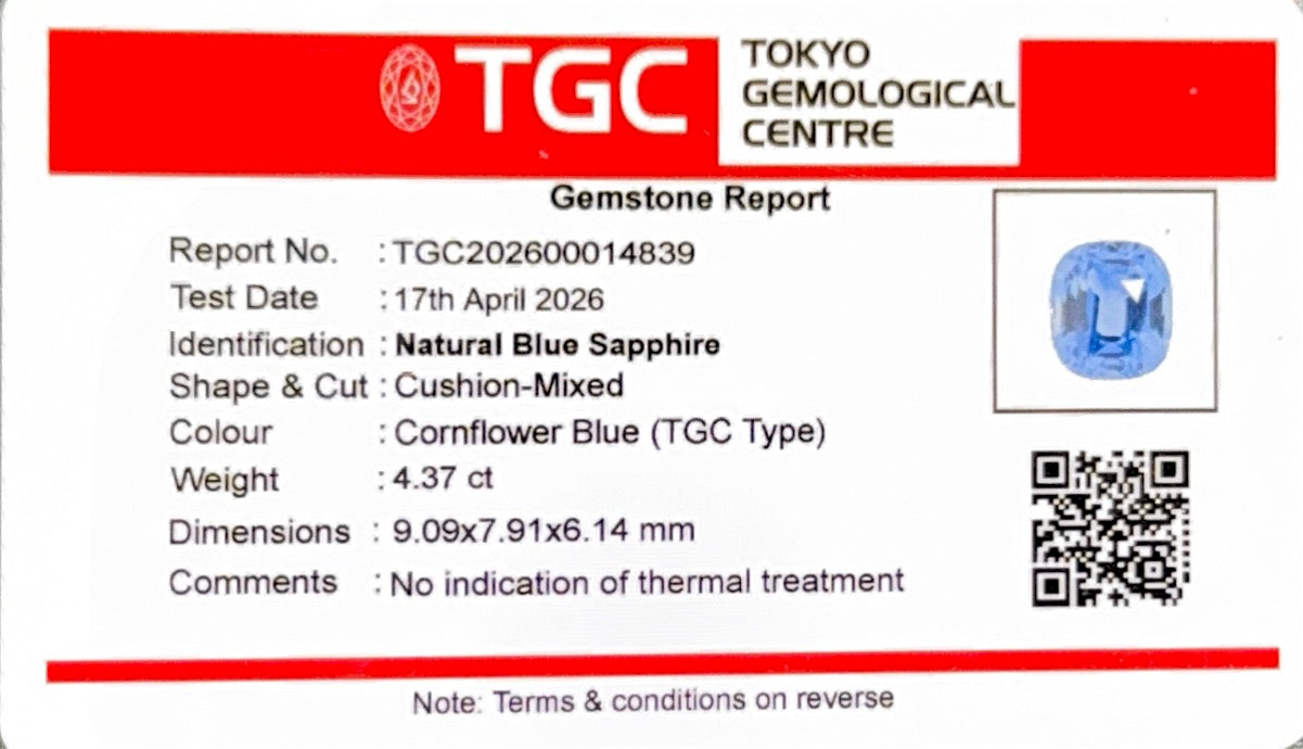 TGC Certified No Heat Cushion Cut Cornflower Blue Sapphire & Trapazoid Cut Diamond Ring