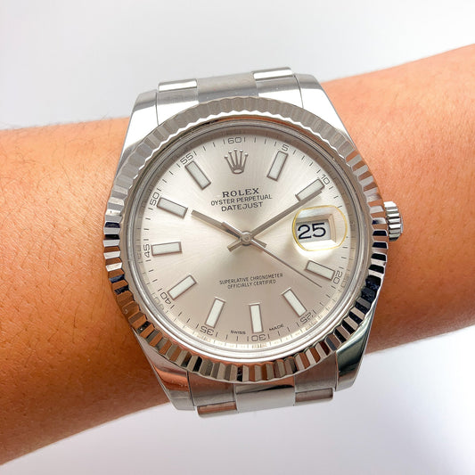 41mm Datejust Oyster Band White Gold Bezel Rolex w/ card, SS - Forever Rox Fine Jewelry