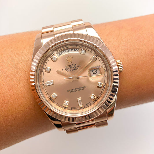 41mm Day - Date Rose Gold Rolex w/ card, 18k - Forever Rox Fine Jewelry