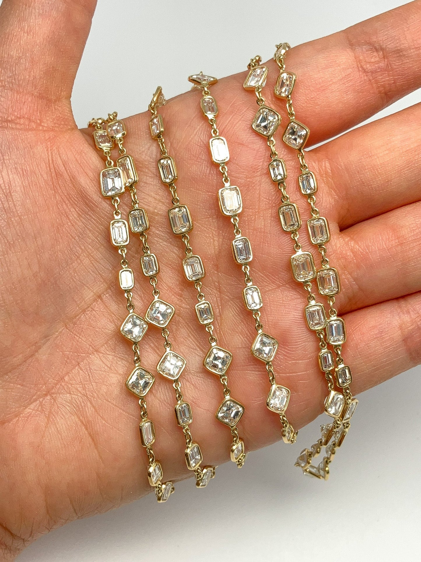 45.39cts Emerald & Asscher Cut Diamond Bezel Chain Necklace, 18k - Forever Rox Fine Jewelry
