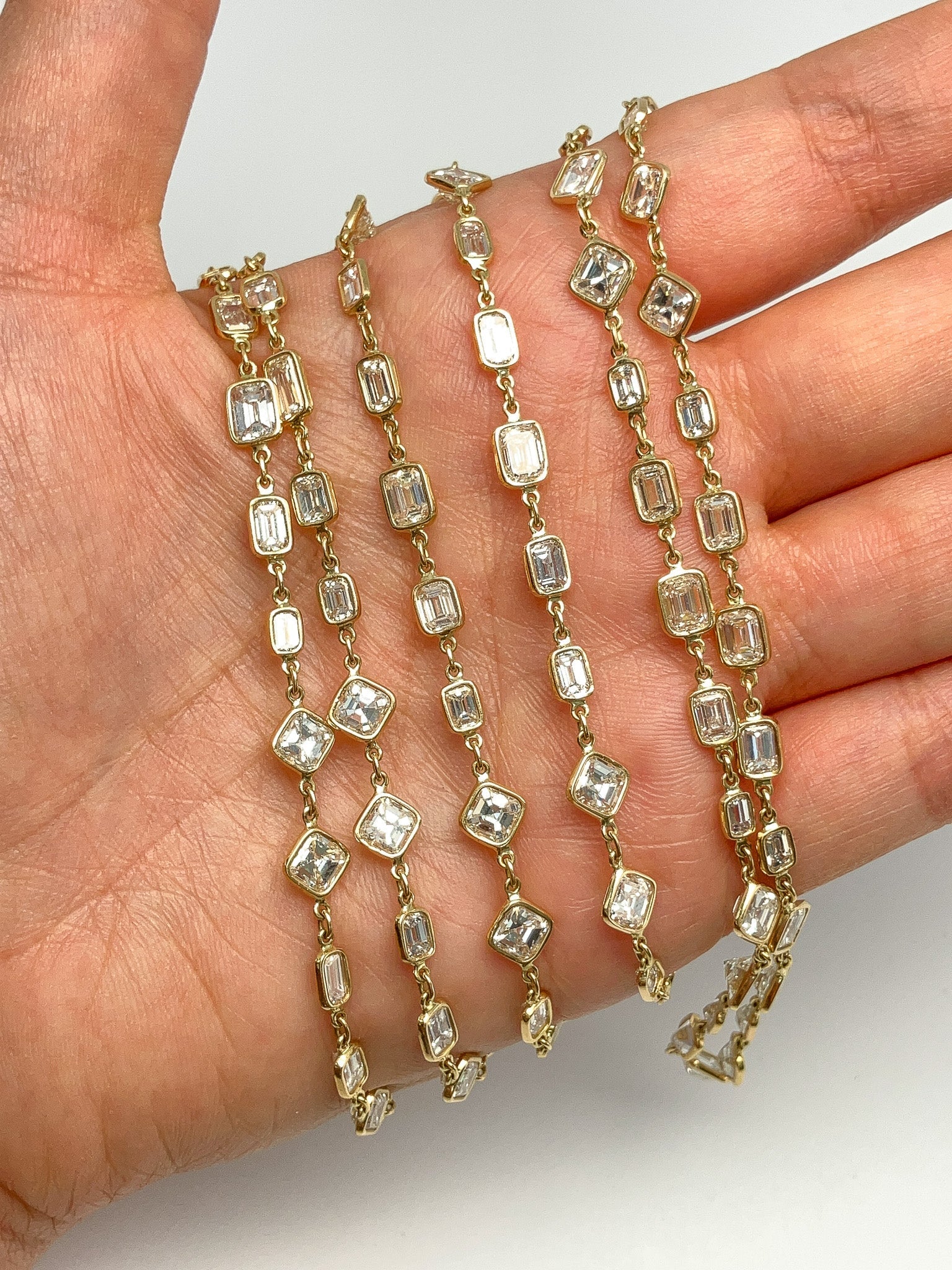 45.39cts Emerald & Asscher Cut Diamond Bezel Chain Necklace, 18k - Forever Rox Fine Jewelry