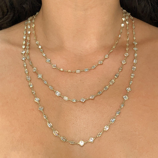 45.39cts Emerald & Asscher Cut Diamond Bezel Chain Necklace, 18k - Forever Rox Fine Jewelry