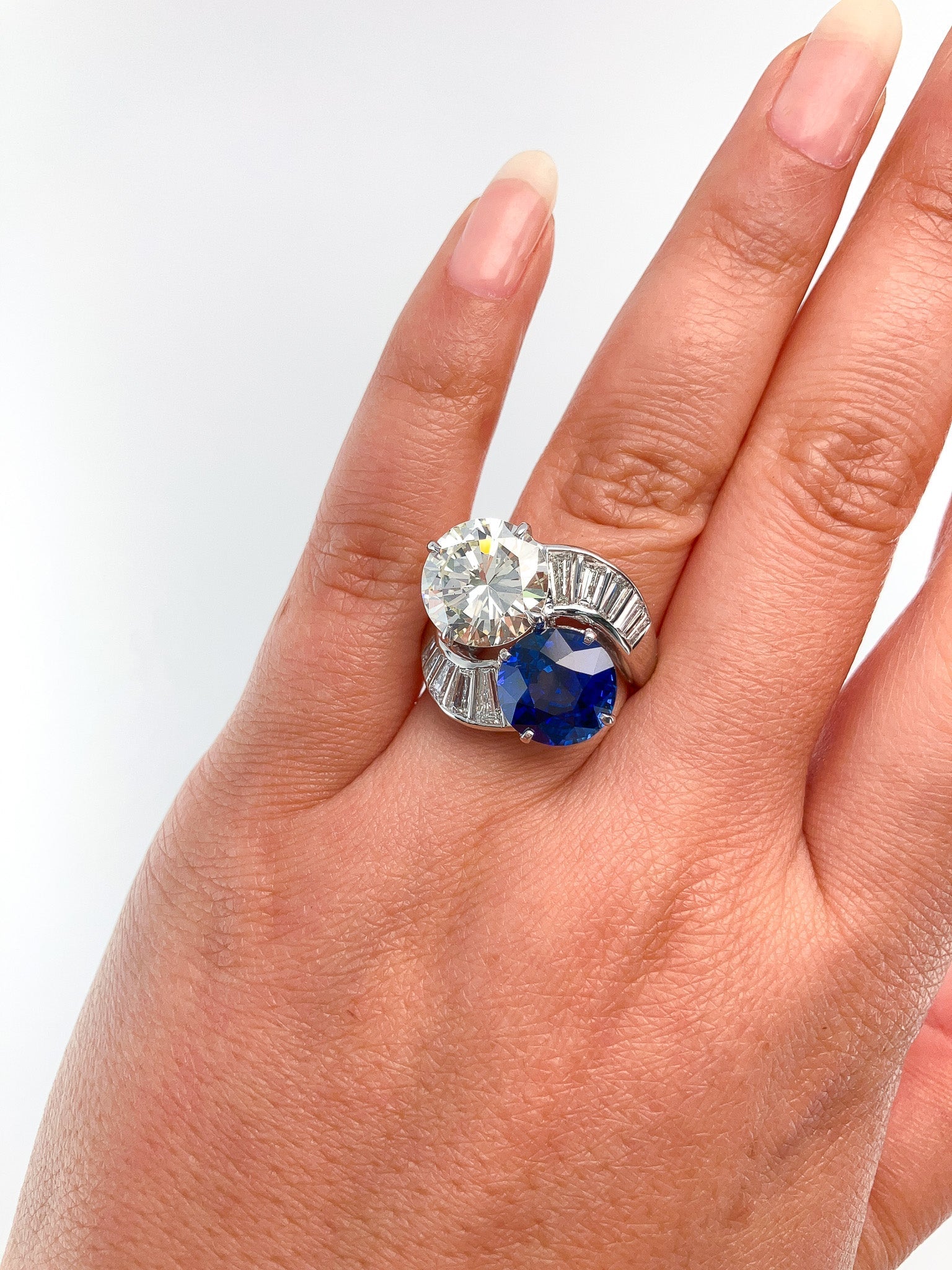 4.65ct Diamond + 4.92ct Sapphire Bypass Ring, Platinum - Forever Rox