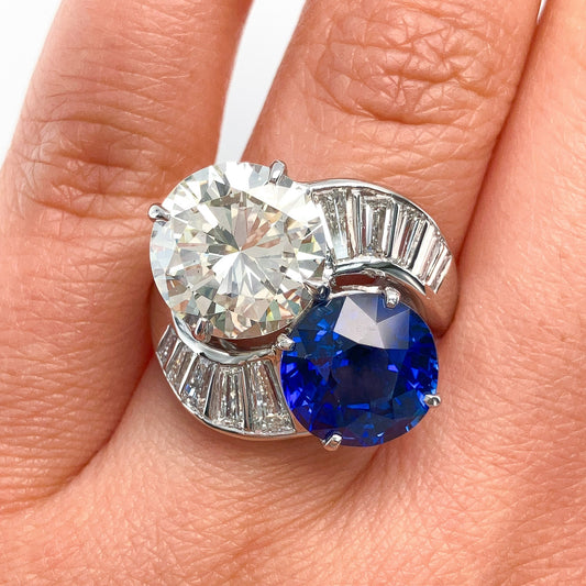4.65ct Diamond + 4.92ct Sapphire Bypass Ring, Platinum - Forever Rox