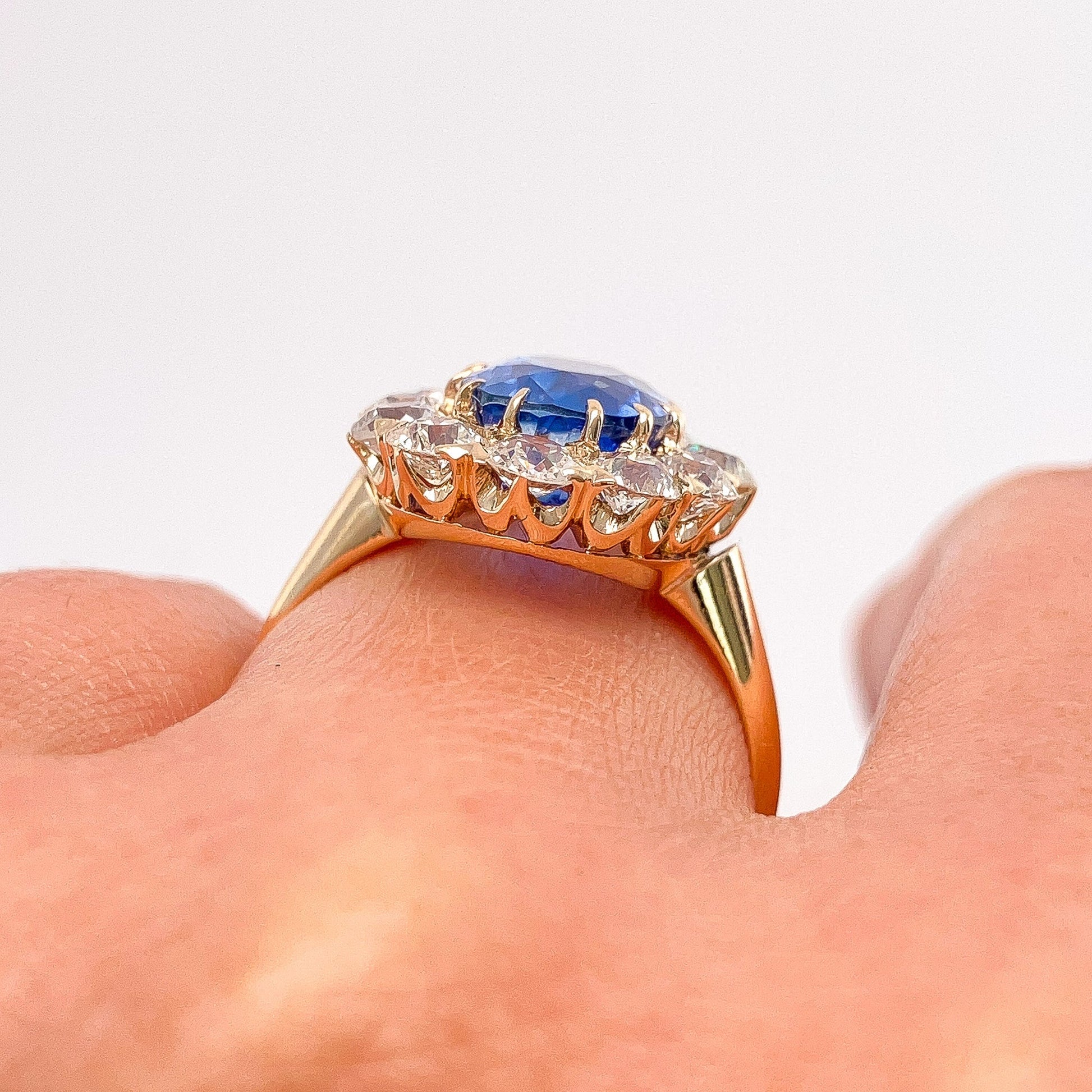 4.95ct GIA Certified Burma NH Sapphire & Old European Cut Diamond Ring, 14k - Forever Rox Fine Jewelry
