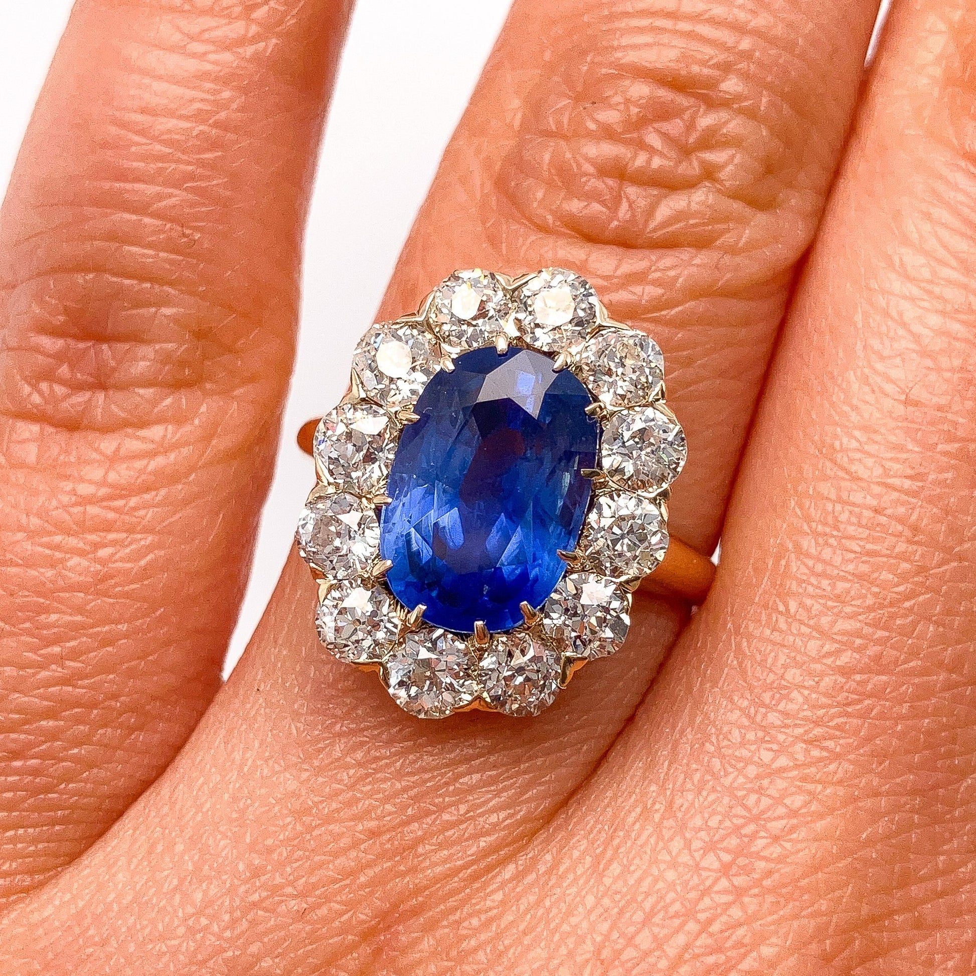 4.95ct GIA Certified Burma NH Sapphire & Old European Cut Diamond Ring, 14k - Forever Rox Fine Jewelry