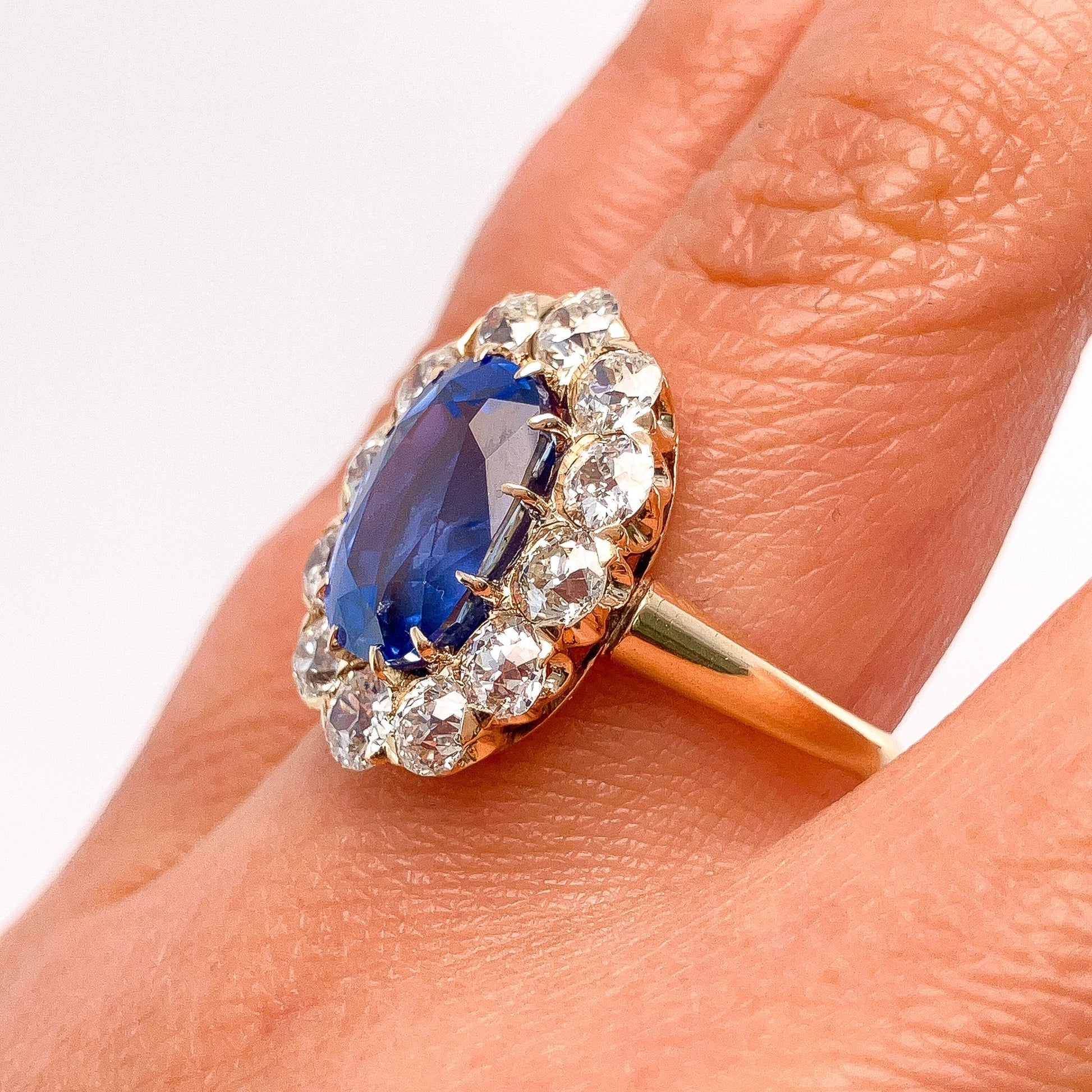 4.95ct GIA Certified Burma NH Sapphire & Old European Cut Diamond Ring, 14k - Forever Rox Fine Jewelry