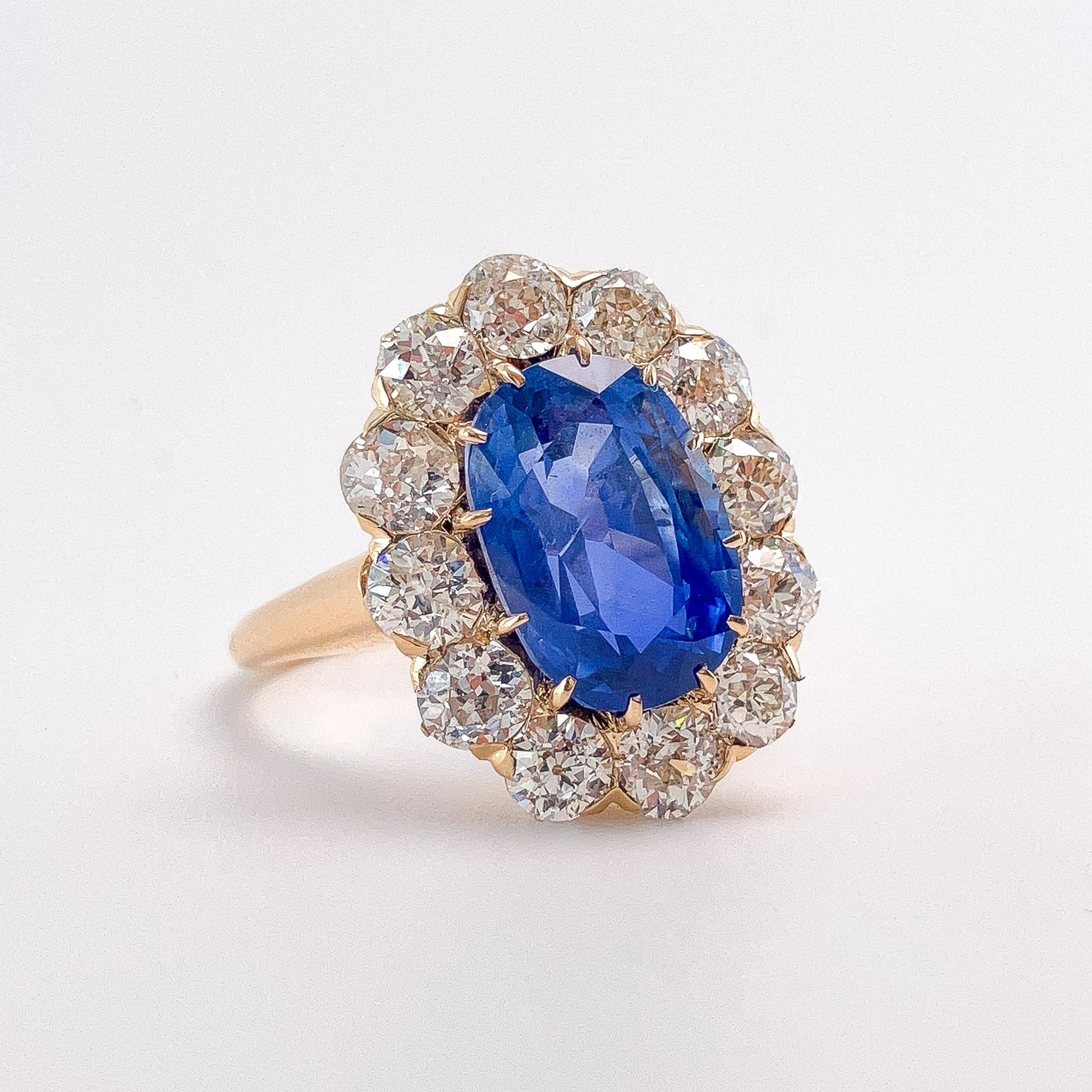 4.95ct GIA Certified Burma NH Sapphire & Old European Cut Diamond Ring, 14k - Forever Rox Fine Jewelry