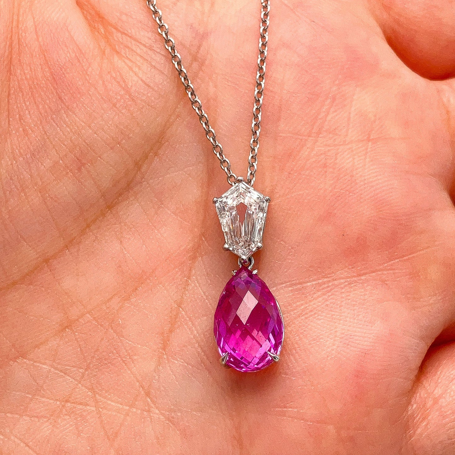 5.05ct AGL Certified Pink Sapphire Briolette & Fancy Cut Diamond Pendant, Platinum & 18k - Forever Rox