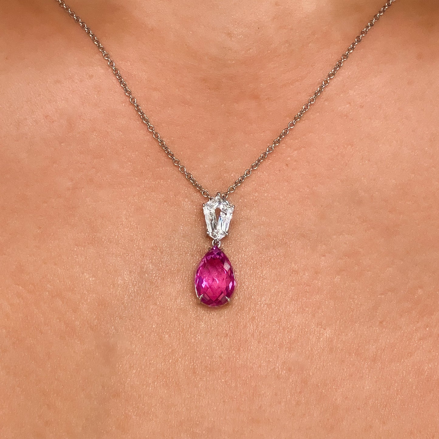 5.05ct AGL Certified Pink Sapphire Briolette & Fancy Cut Diamond Pendant, Platinum & 18k - Forever Rox