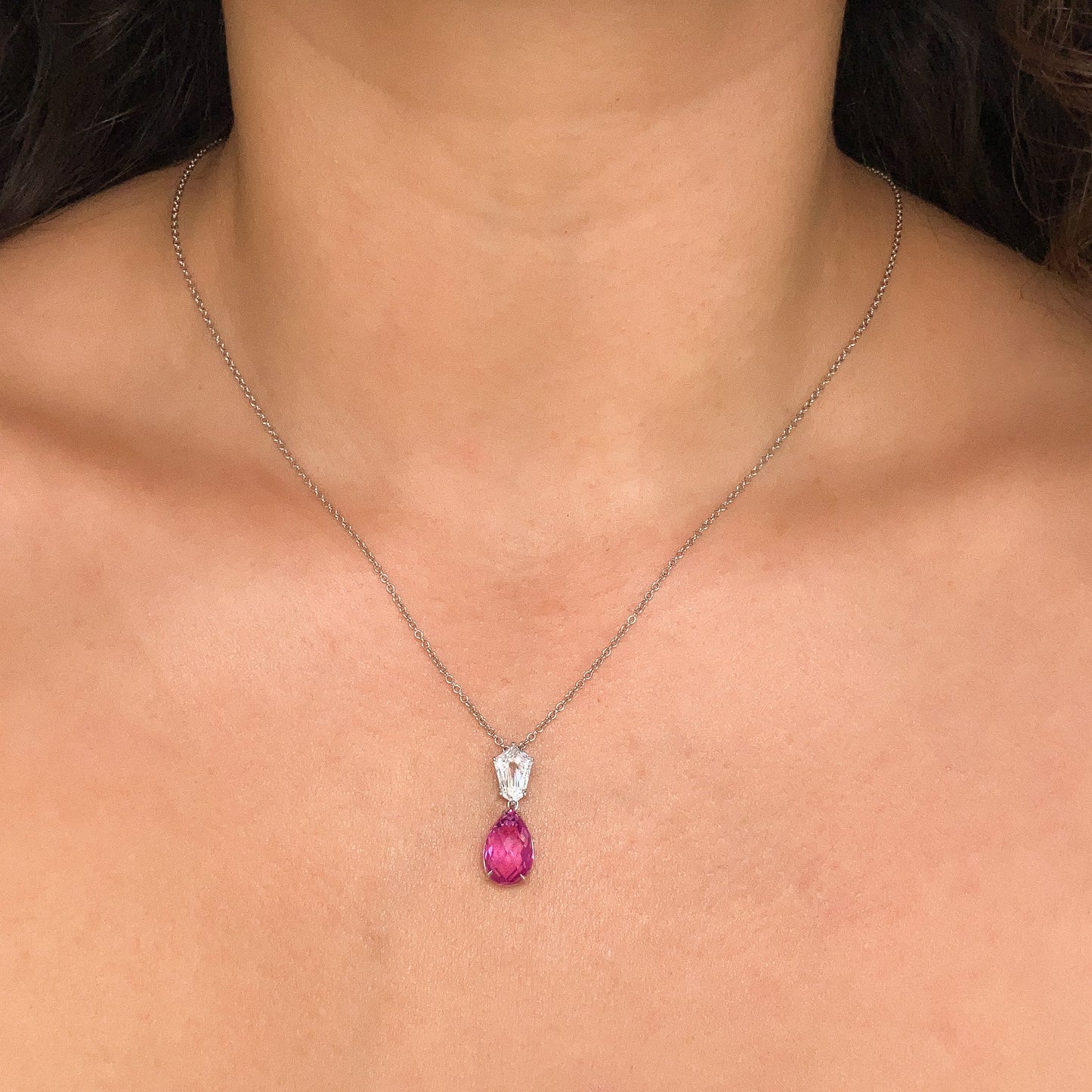 5.05ct AGL Certified Pink Sapphire Briolette & Fancy Cut Diamond Pendant, Platinum & 18k - Forever Rox