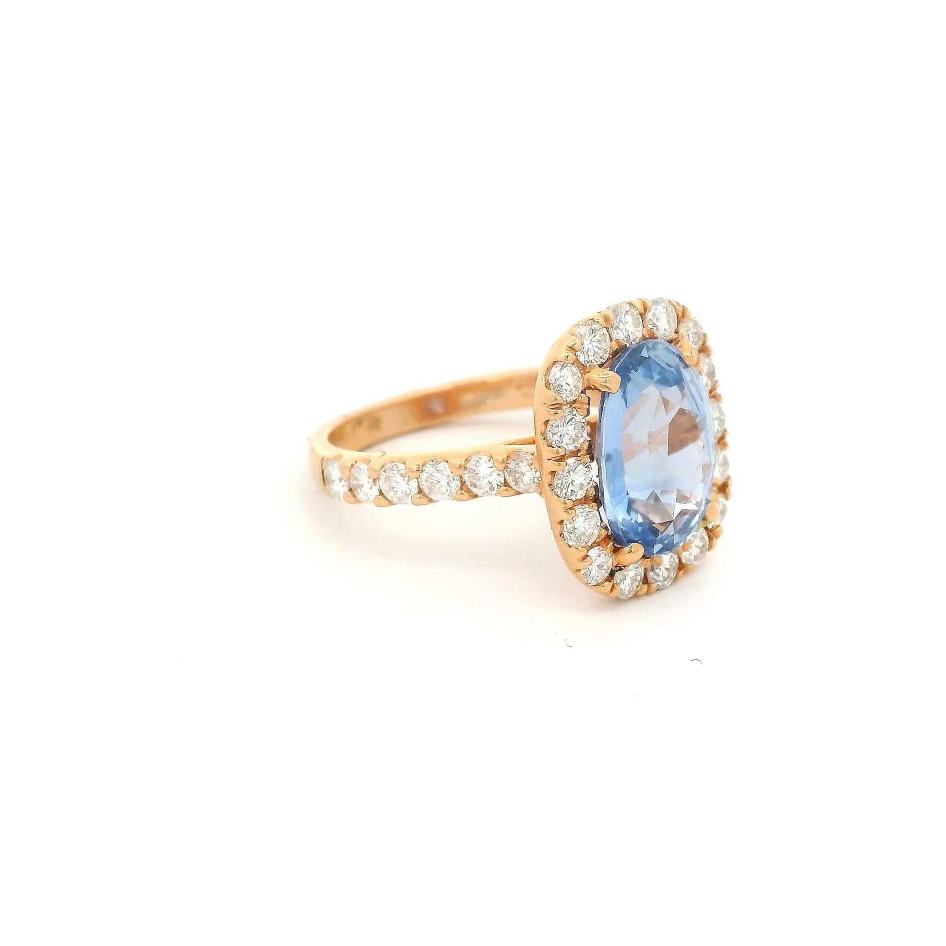 5.12ct Oval Cut Ceylon Sapphire Ring With Diamond Halo & Diamonds Down Shank - Forever Rox Fine Jewelry