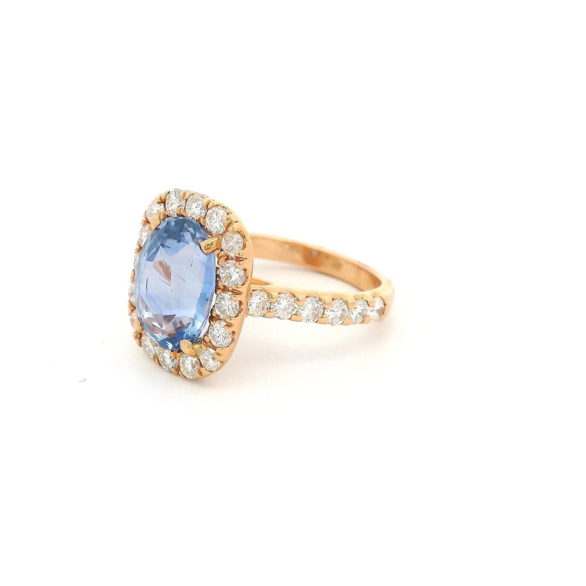 5.12ct Oval Cut Ceylon Sapphire Ring With Diamond Halo & Diamonds Down Shank - Forever Rox Fine Jewelry