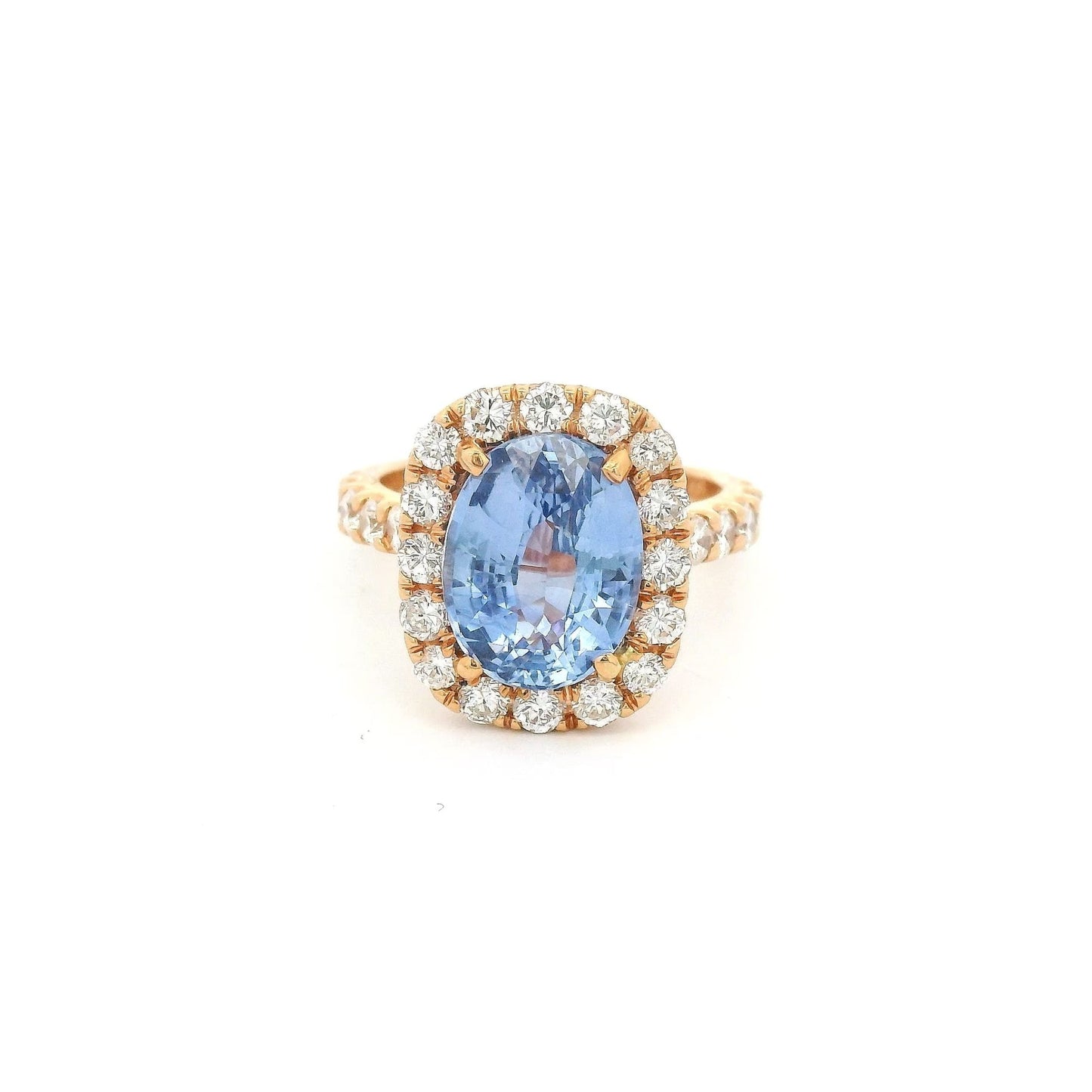 5.12ct Oval Cut Ceylon Sapphire Ring With Diamond Halo & Diamonds Down Shank - Forever Rox Fine Jewelry